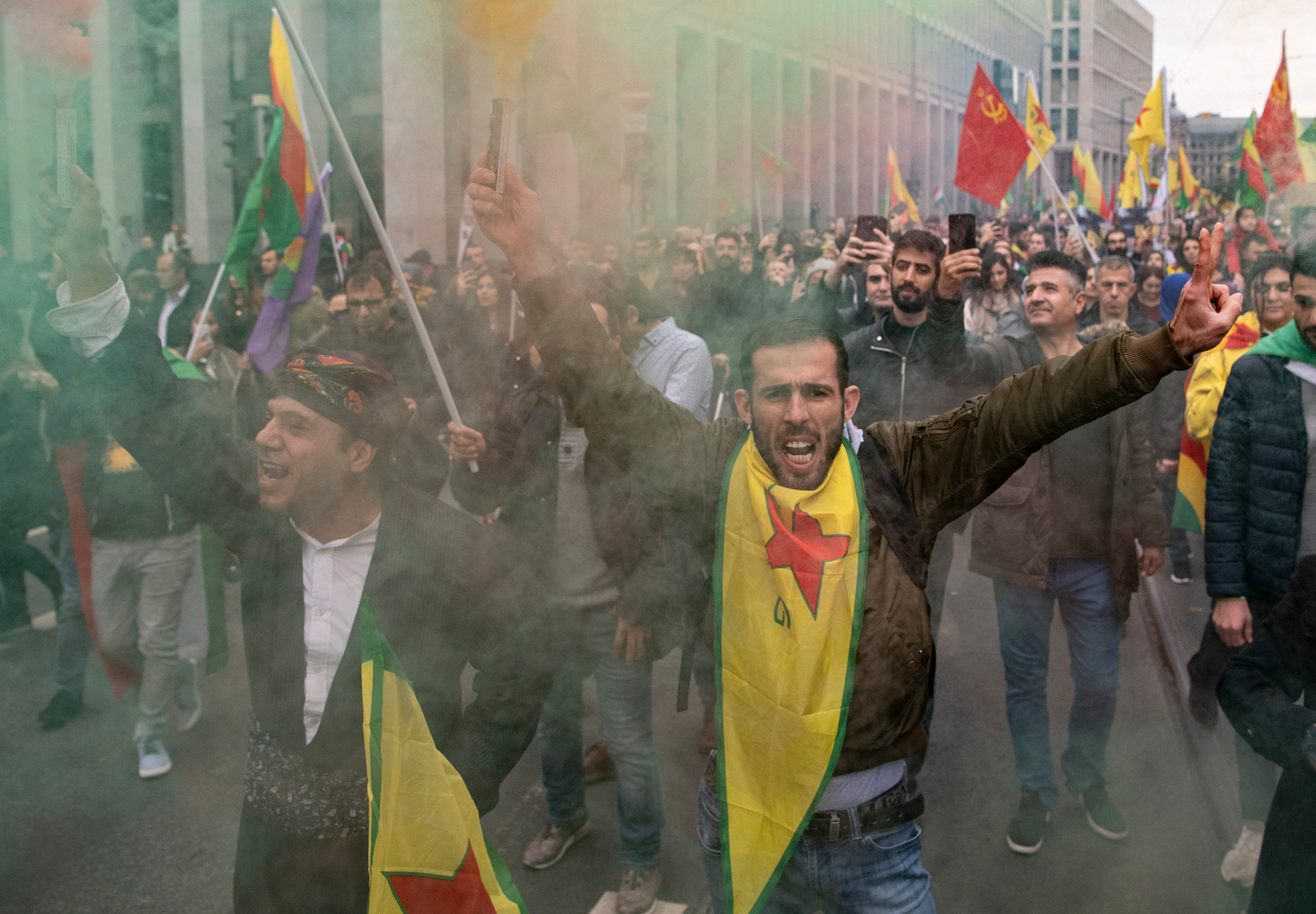 Several thousand Kurdish people protest against the Turkish army actions in the Turkish-Syria border area, during a demonstration in central Frankfurt. Photo / AP