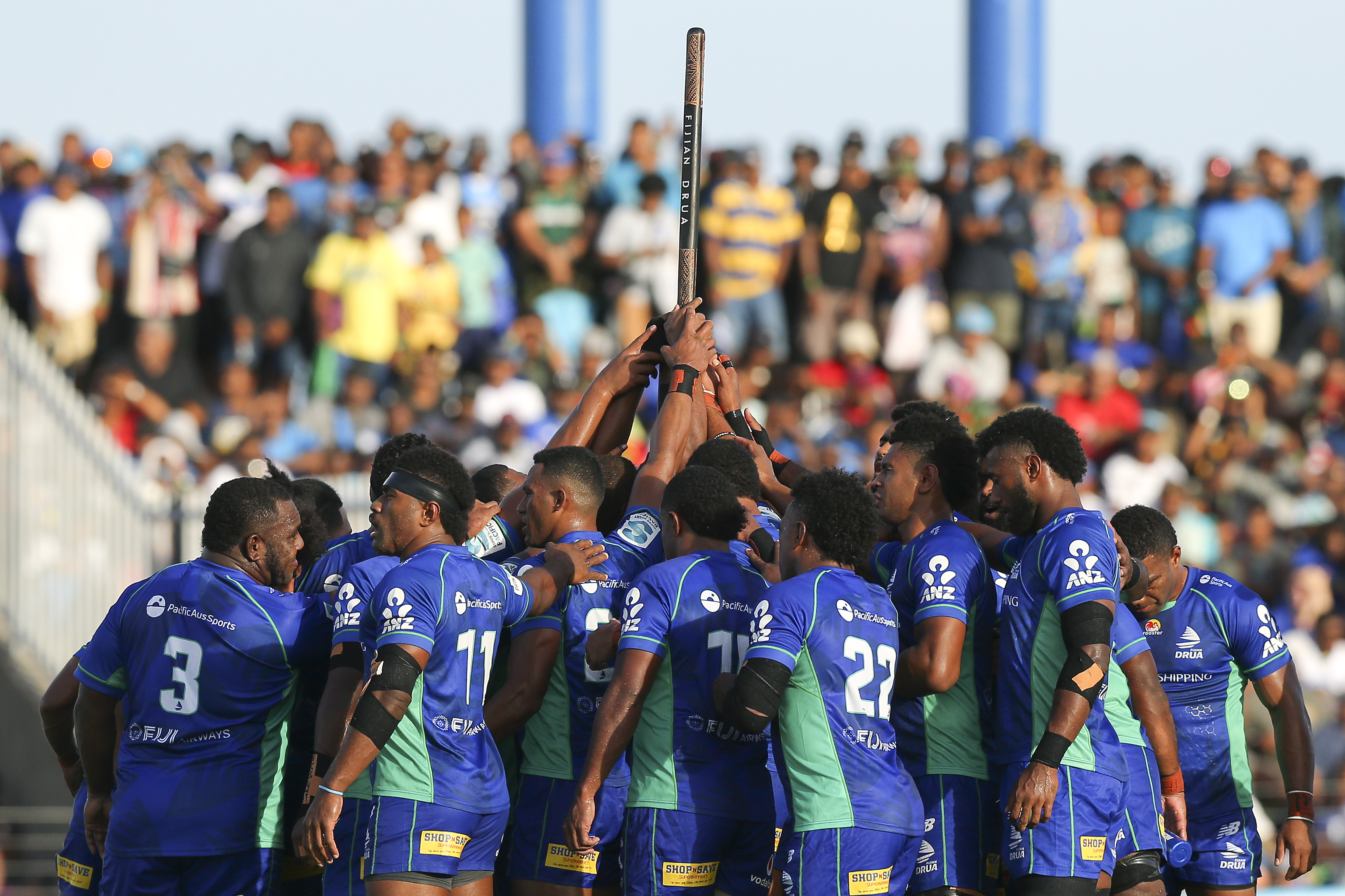 Fijian Drua players form a huddle during the round 11 Super Rugby Pacific match between the Drua and the Highlanders at ANZ Stadium. Photo / Getty Images