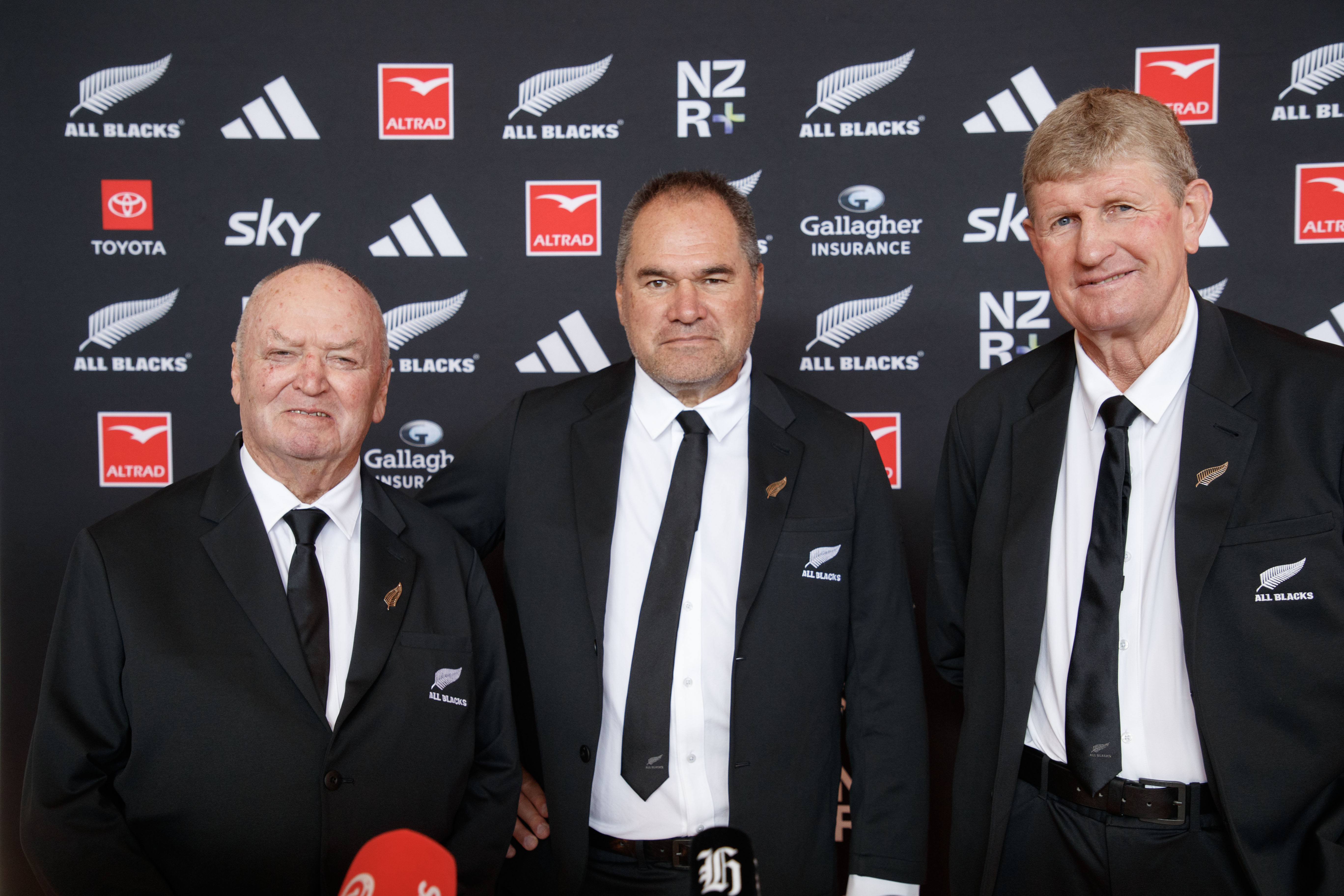 All Blacks head coach Dave Rennie (centre), flanked by selectors Sir Graham Henry (left) and Neil Barnes before the team naming in Feilding. Photo / Mark Mitchell