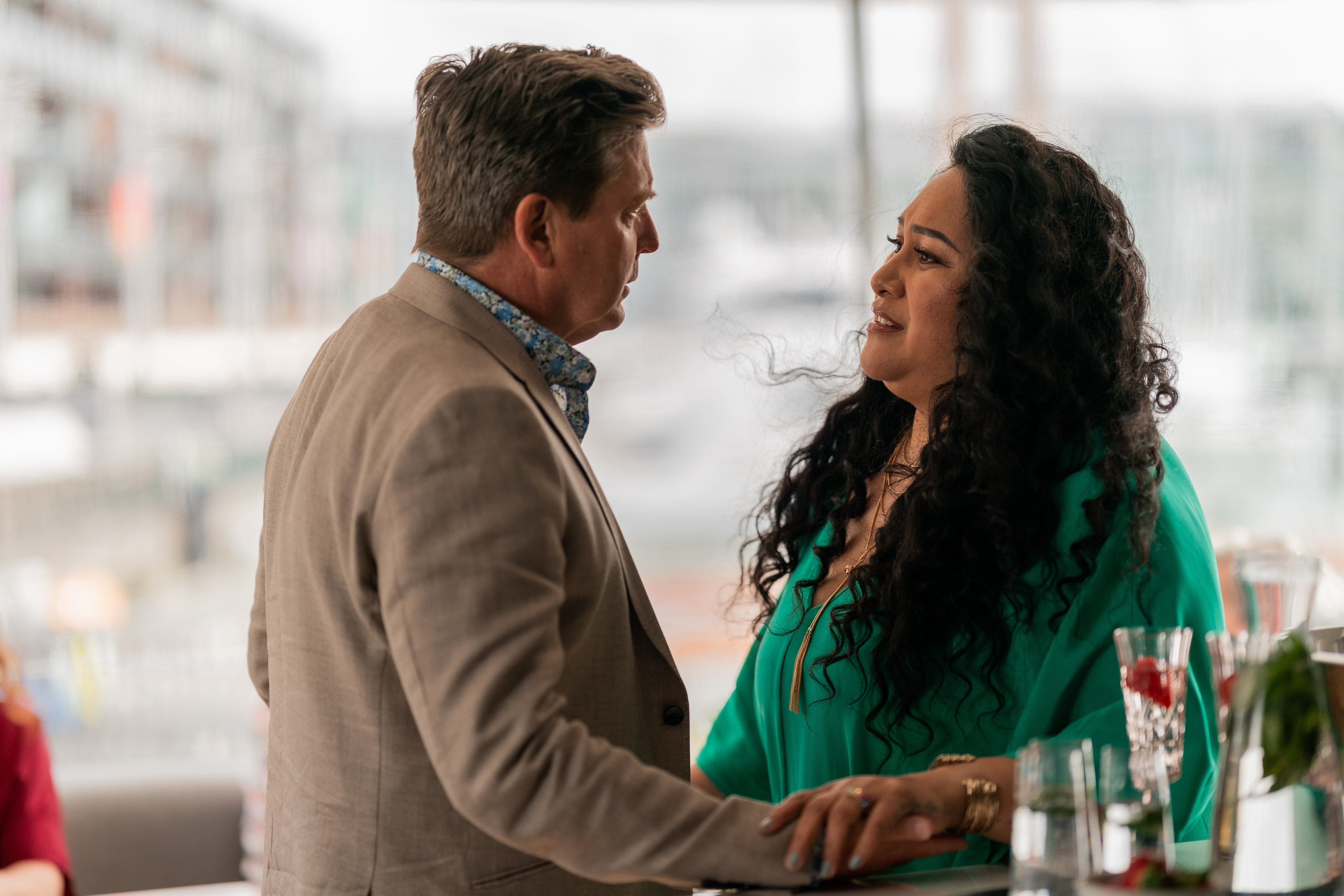 Michael Galvin as Chris Warner and Bella Kalolo-Suraj as Selina in the Shortland Street 2023 cliffhanger.