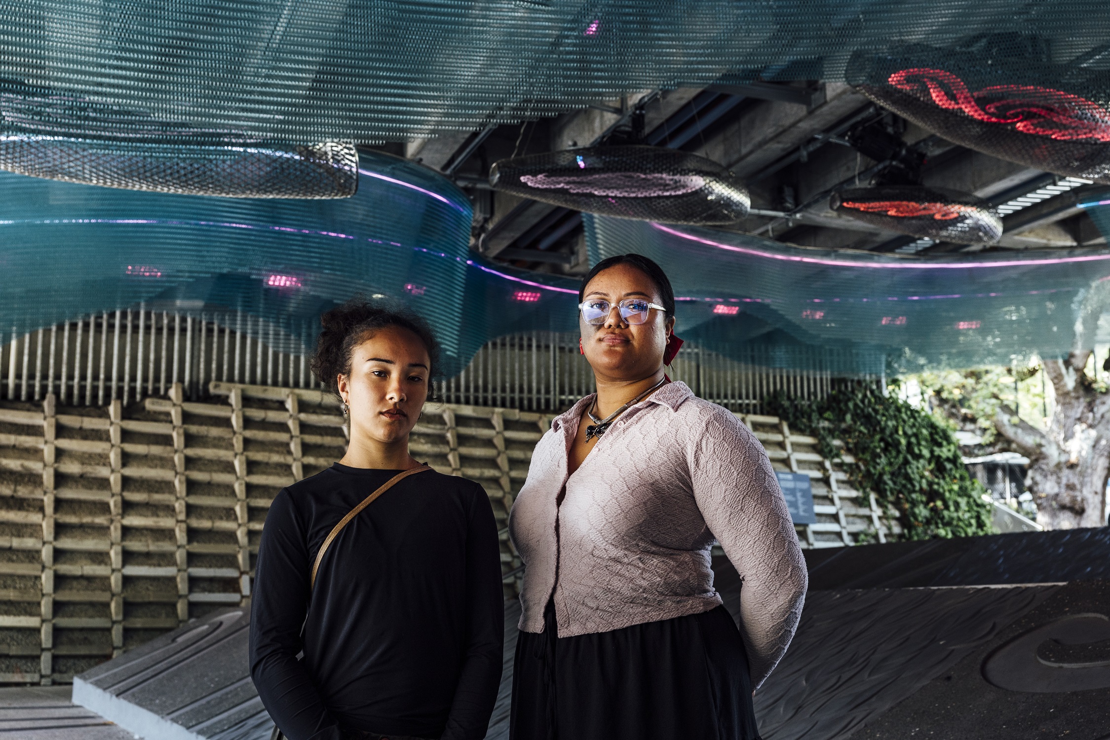 Nganeko (left) and Spdrtwnbby, performers in Waimahara at the Auckland Pride festival. Photo / Jay Farnworth