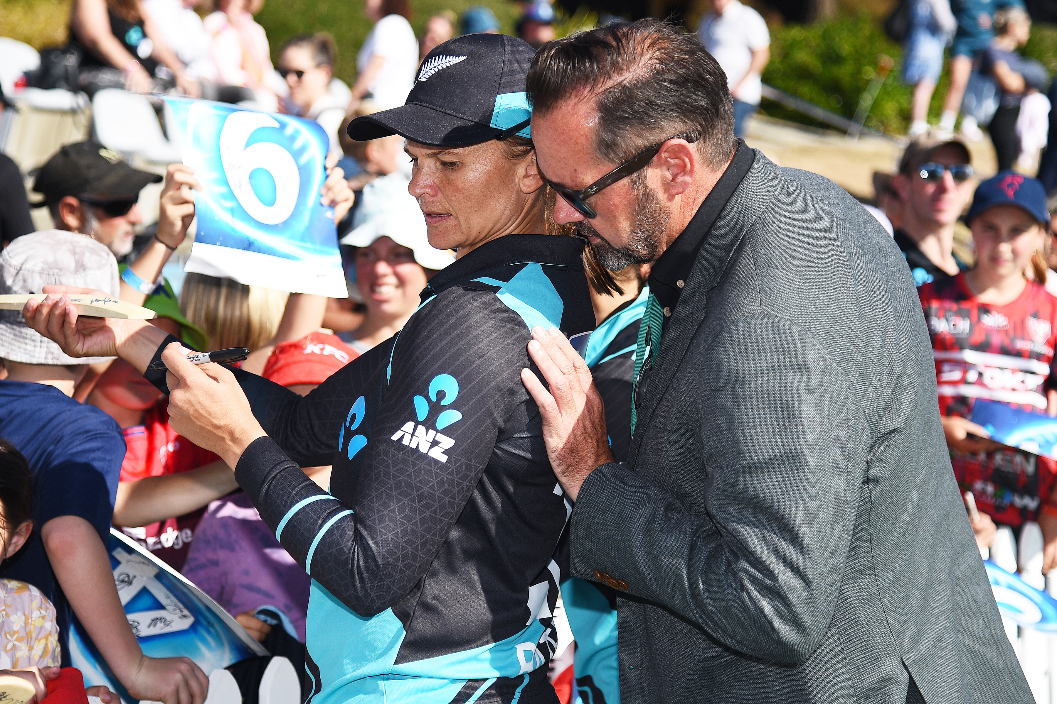 New Zealand player Suzie Bates and TVNZ commentator Scotty Stevenson during the third T20 against England. Photo / Photosport