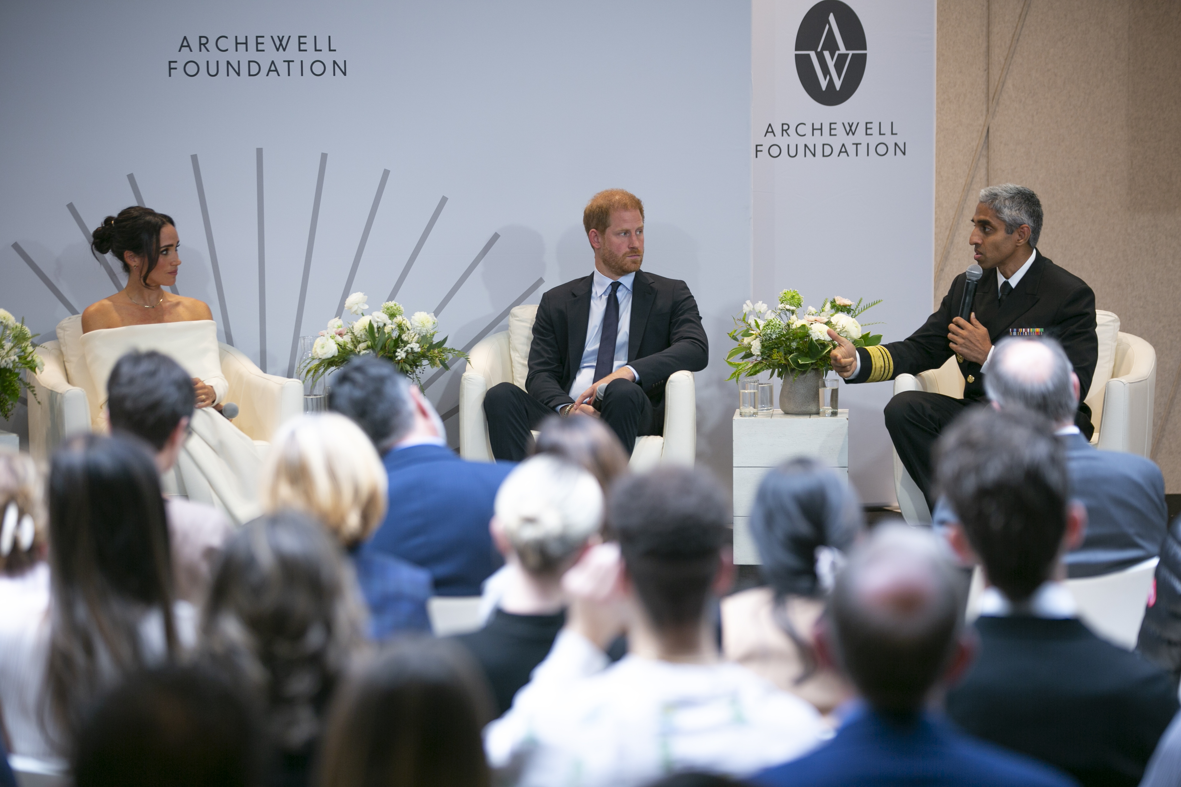 Meghan Markle, Duchess of Sussex and Prince Harry during an Archewell Foundation panel discussion in New York last year. Photo / AP