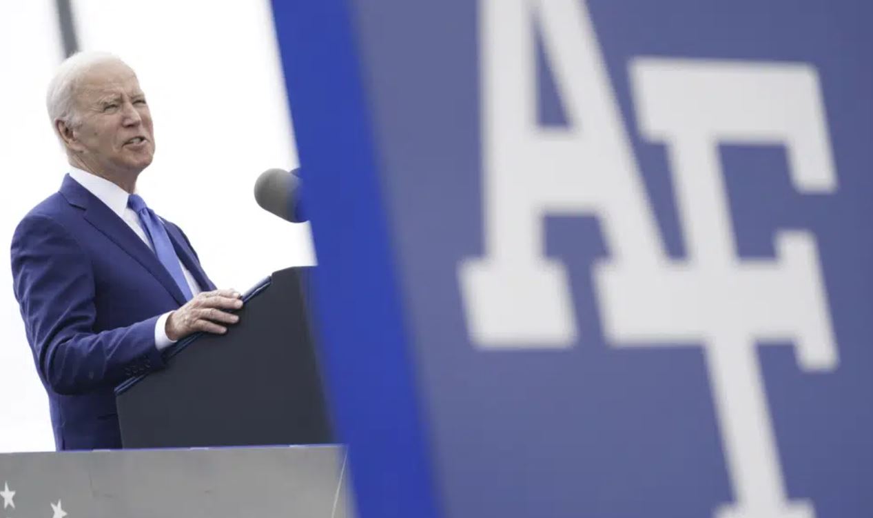 President Joe Biden speaking at the 2023 United States Air Force Academy graduation ceremony. Photo / AP