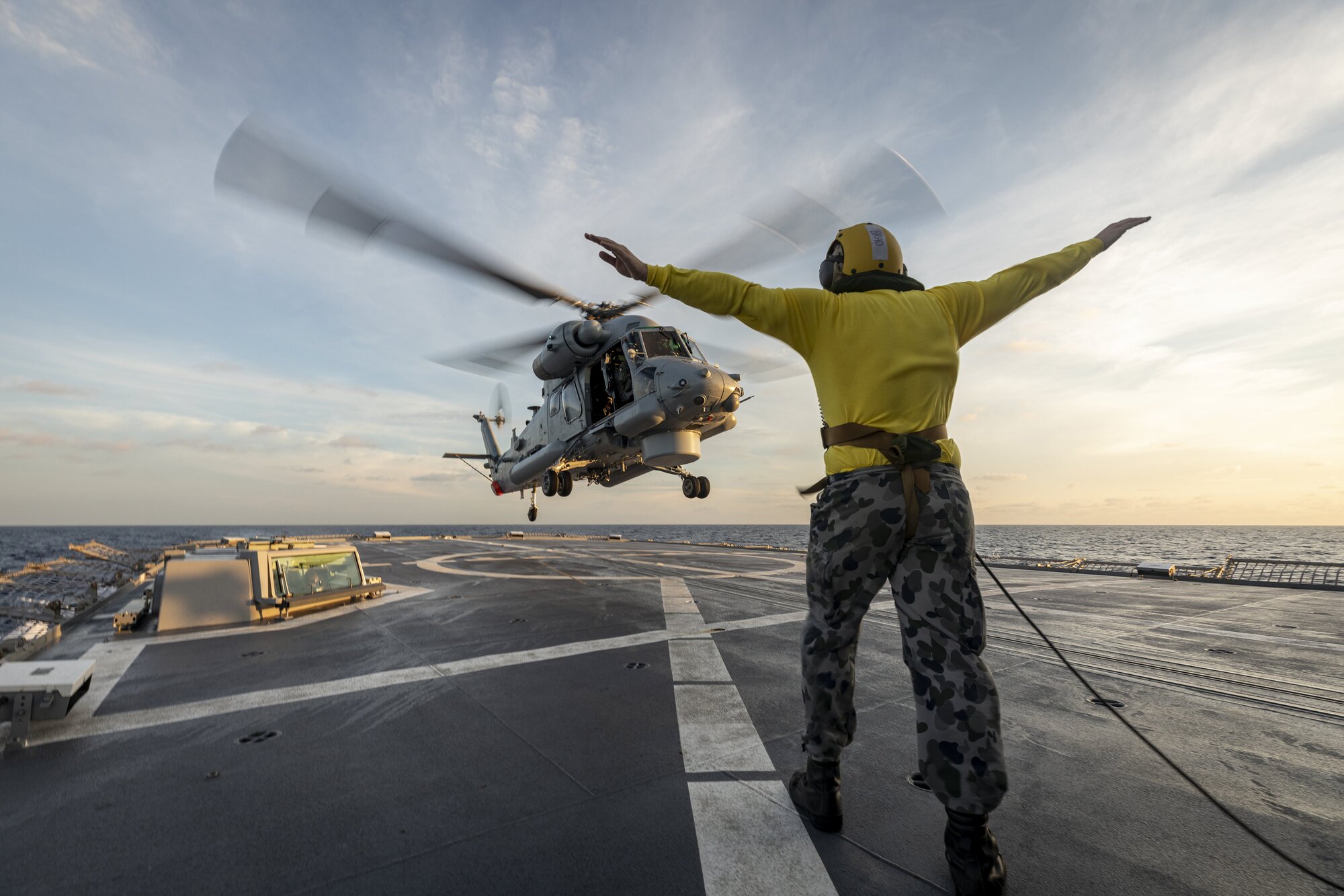 A Royal New Zealand Navy Kaman SH-2G Super Seasprite helicopter on board HMAS Anzac during Exercise BERSAMA GOLD 21. Photo / ADF