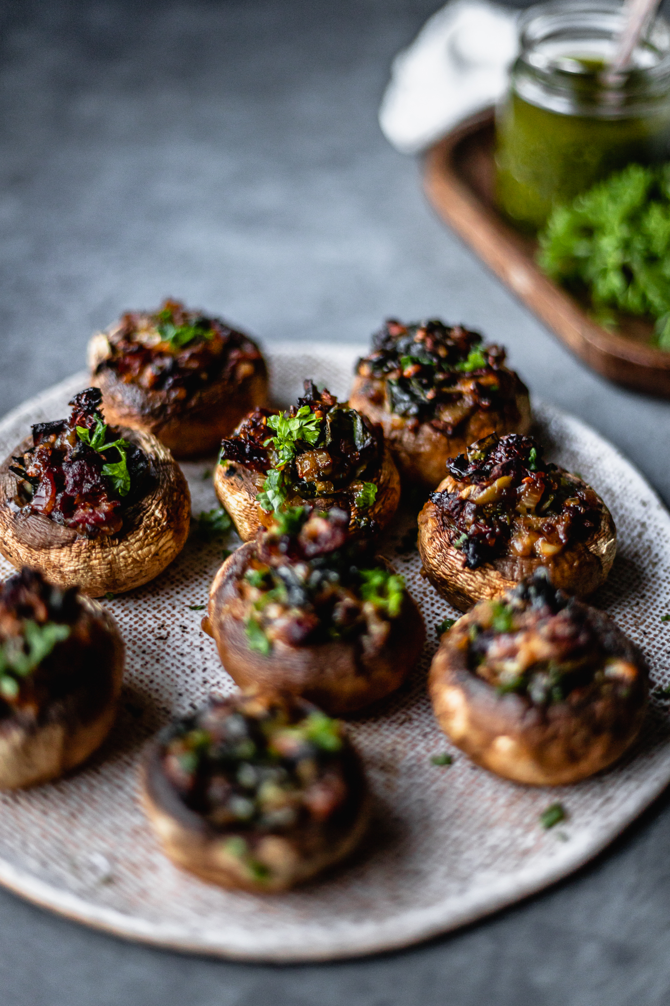 Cheesy pesto and bacon stuffed mushrooms. Photo / Olivia Moore - That Green Olive