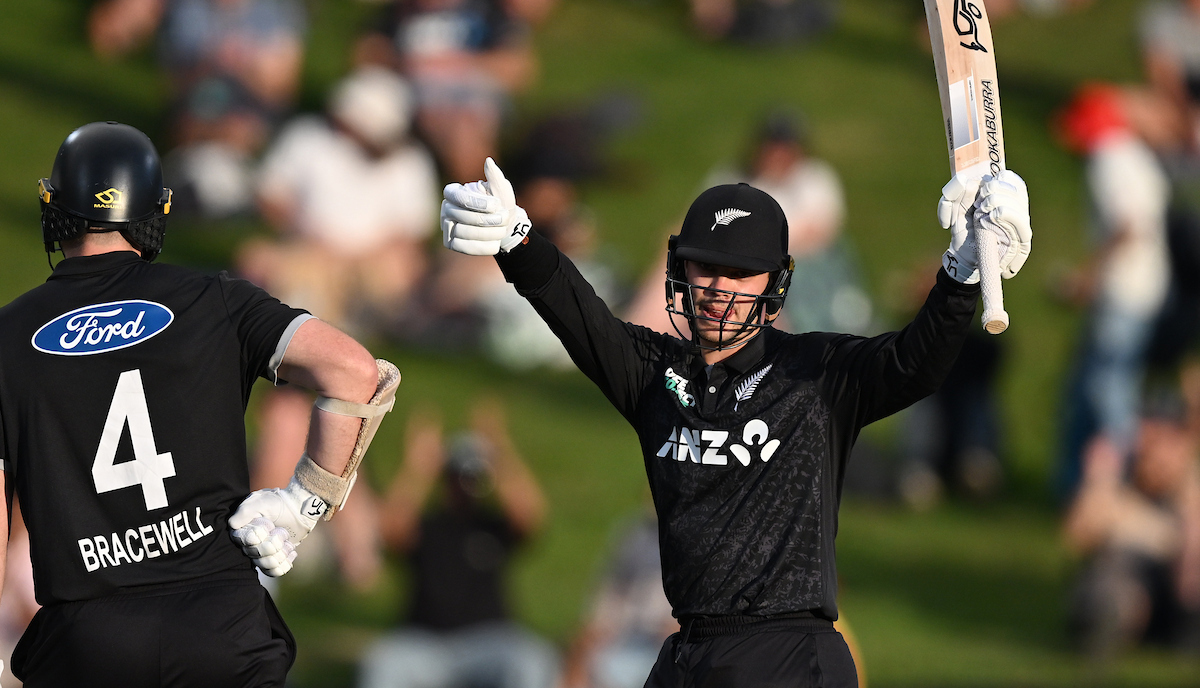 Mark Chapman celebrates his half-century against the West Indies in Hamilton. Photo / Photosport