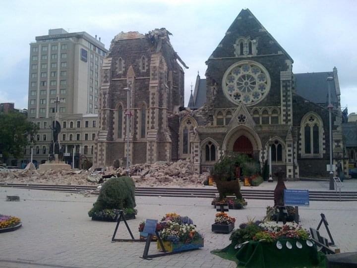 Christ Church Cathedral on the day of the quake. Photo / Hamish Clark