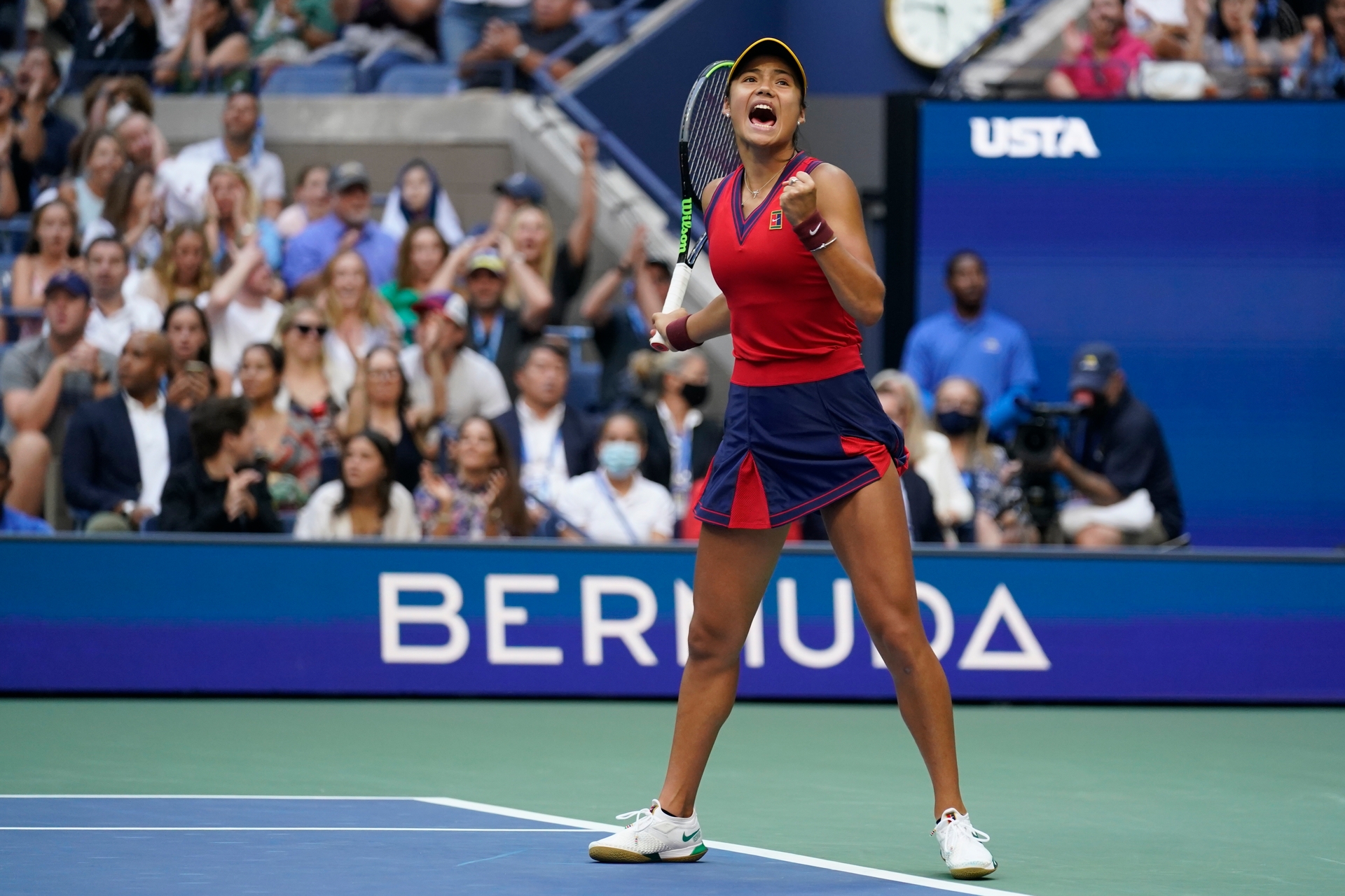 Emma Raducanu, of Britain, reacts after scoring a point against Leylah Fernandez, of Canada, during the women's singles final of the US Open tennis championships. Photo / AP