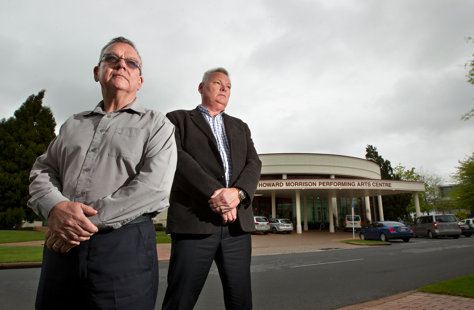 Rotorua Lakes Council chief executive Geoff Williams, left, and council arts and culture director Stewart Brown outside the Sir Howard Morrison Performing Arts Centre in 2017. Photo / File