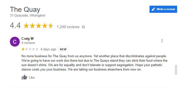 People leave negative reviews on google for Quay, Whangārei, following its decision to follow the new my vaccine pass system. Photo / Screenshot