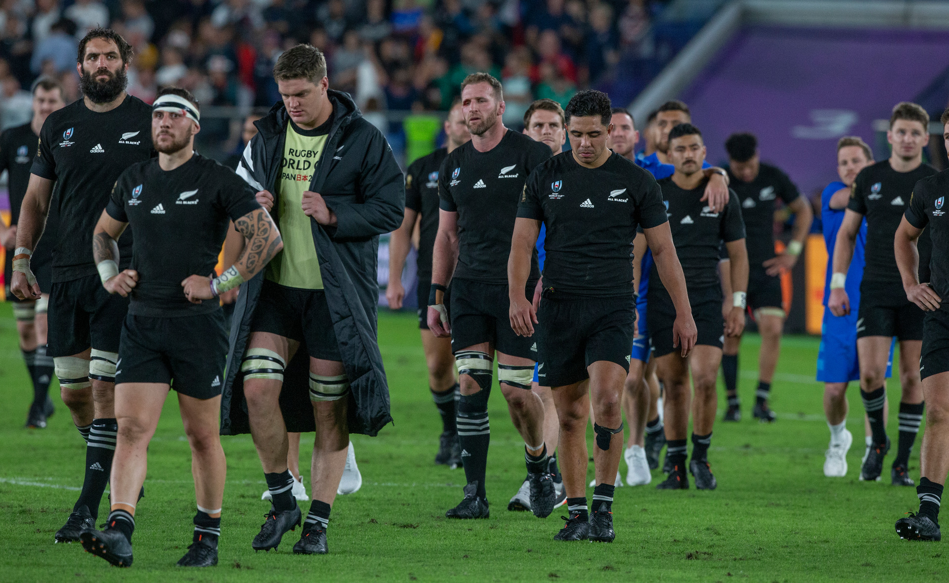 The All Blacks after losing to England in the Rugby World Cup semi-final match against England at International Stadium Yokohama, Japan. Rugby World Cup. Photo / Mark Mitchell.