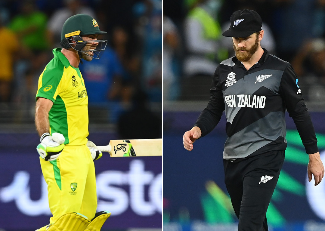 Glenn Maxwell (L) celebrates victory while Kane Williamson reflects on defeat. Photos / Getty 
