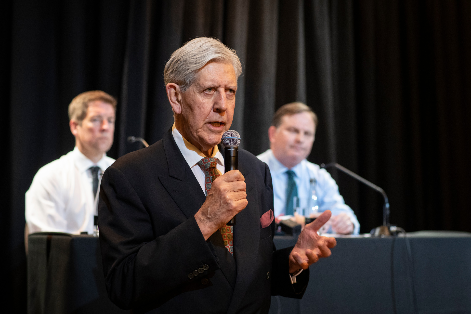 Dilworth Trust Board solicitor Gregory Shanahan with Headmaster Dan Reddiex (left) and board Chairman Aaron Snodgrass at a press conference after news of the arrests broke. Photo / Greg Bowker