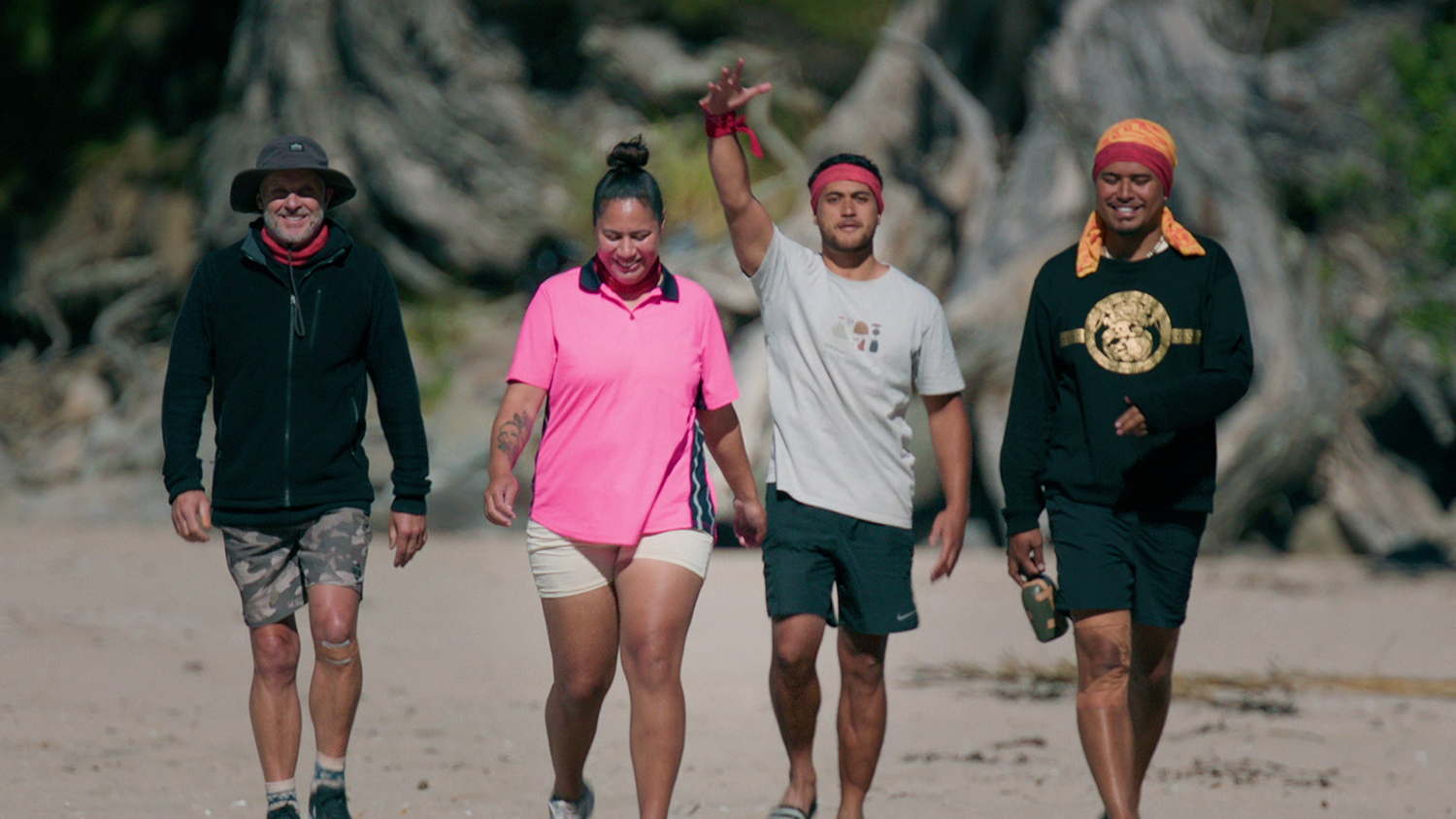 Christian Cullen, Bubbah, James Rolleston and JP Foliaki on Celebrity Treasure Island. Photo / TVNZ