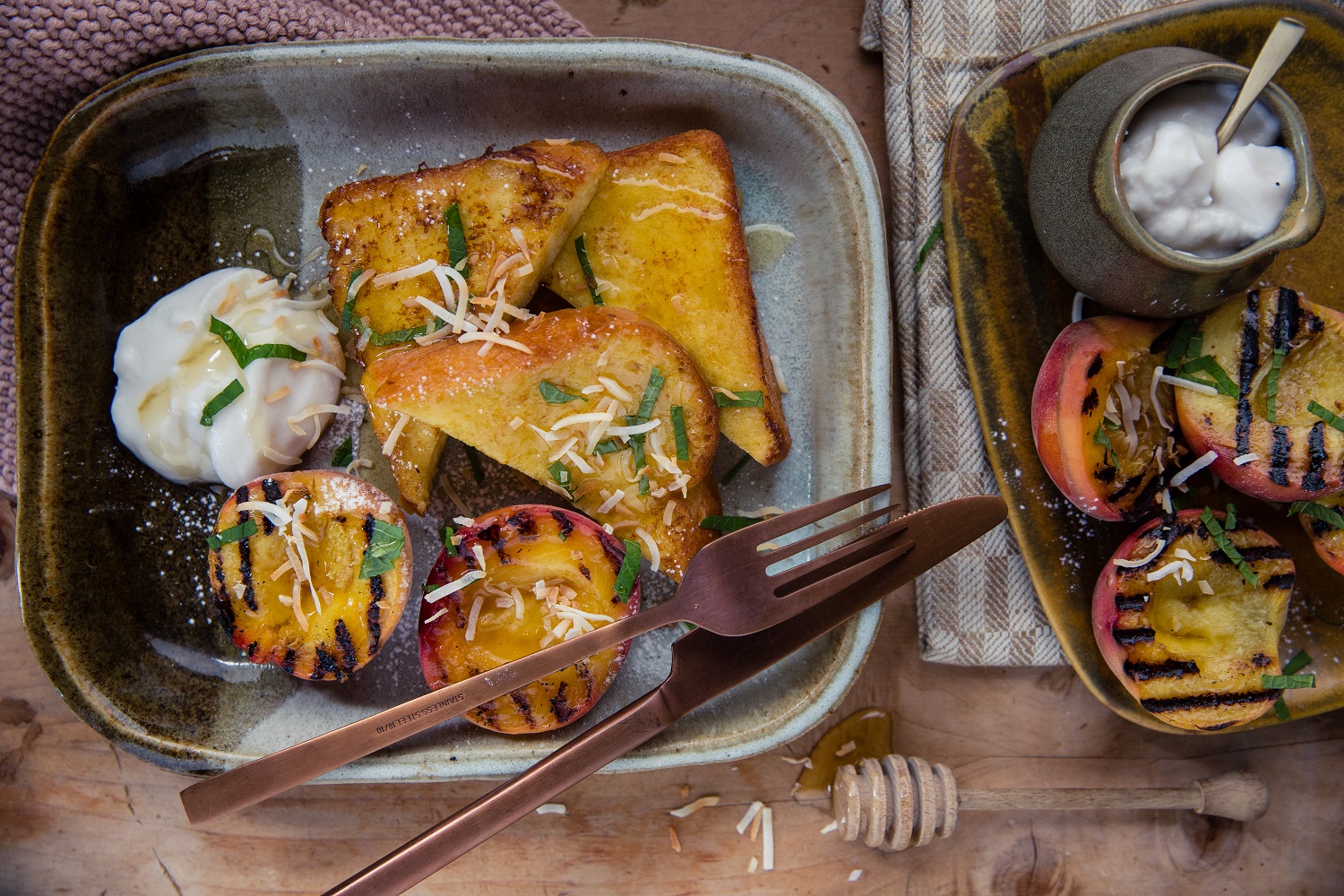 Brioche French toast With grilled peaches. Photo / Babiche Martens
