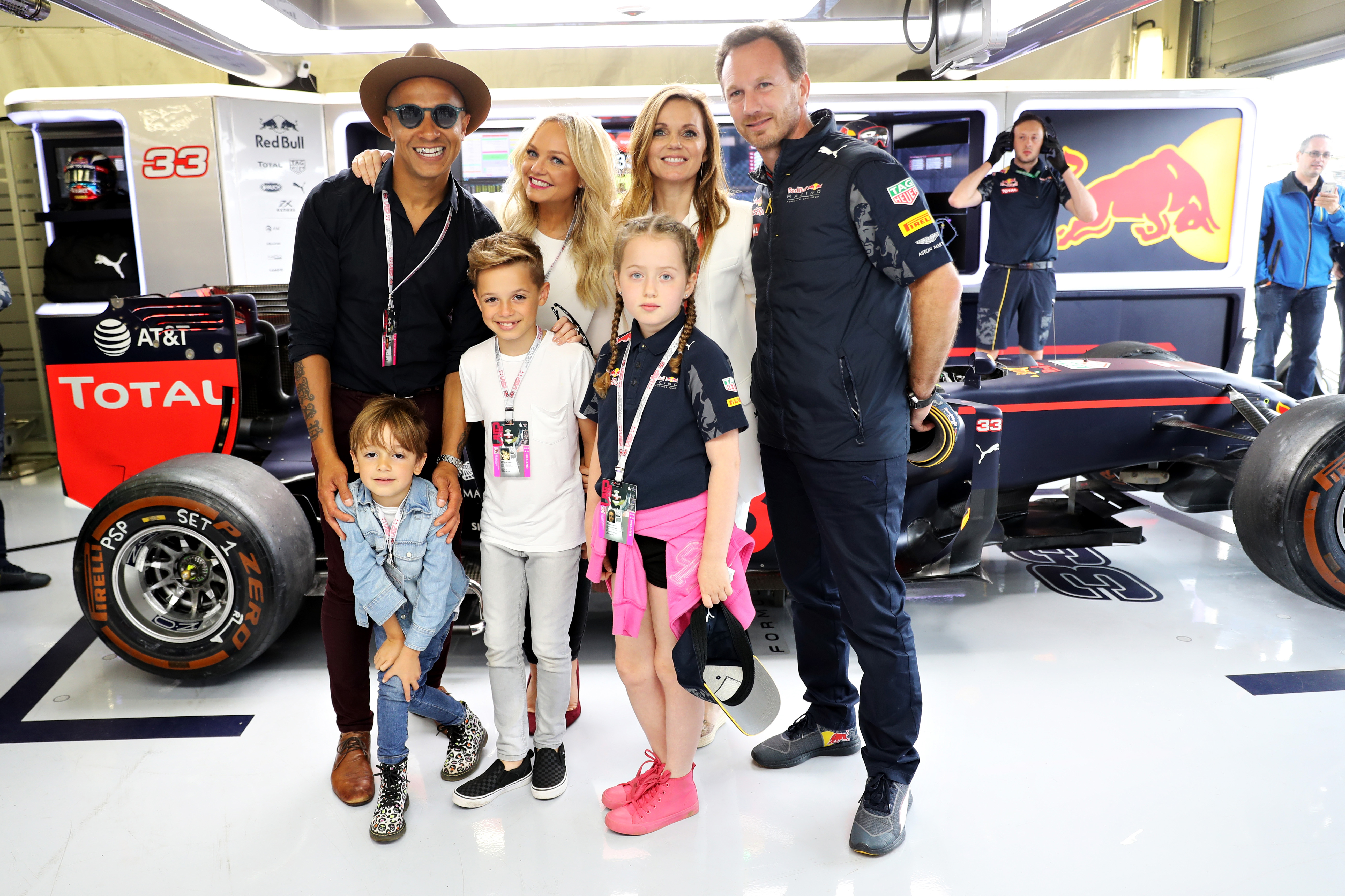 Back row, from left: Singers Jade Jones, Emma Bunton and Geri Halliwell with Red Bull team principal Christian Horner at the British Grand Prix in 2016. Photo / Getty Images