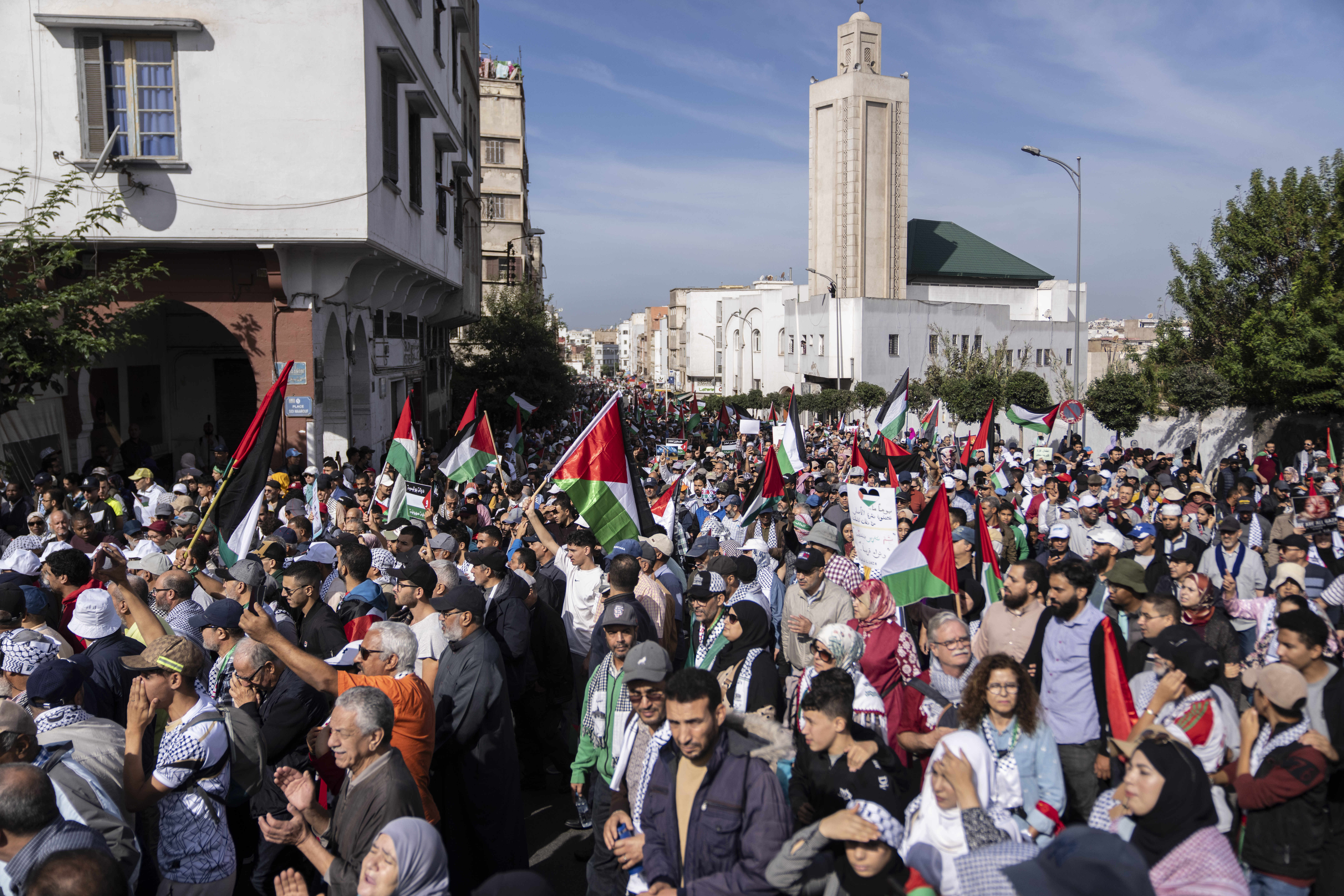 Thousands of Moroccans take part in a protest in solidarity with Palestinians in Gaza and against normalisation with Israel, in Casablanca, Morocco. Photo / AP