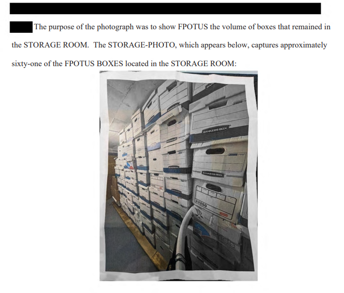 A screenshot of a US Department of Justice Mar-a-Lago search warrant showing boxes of classified documents located in a storage room.