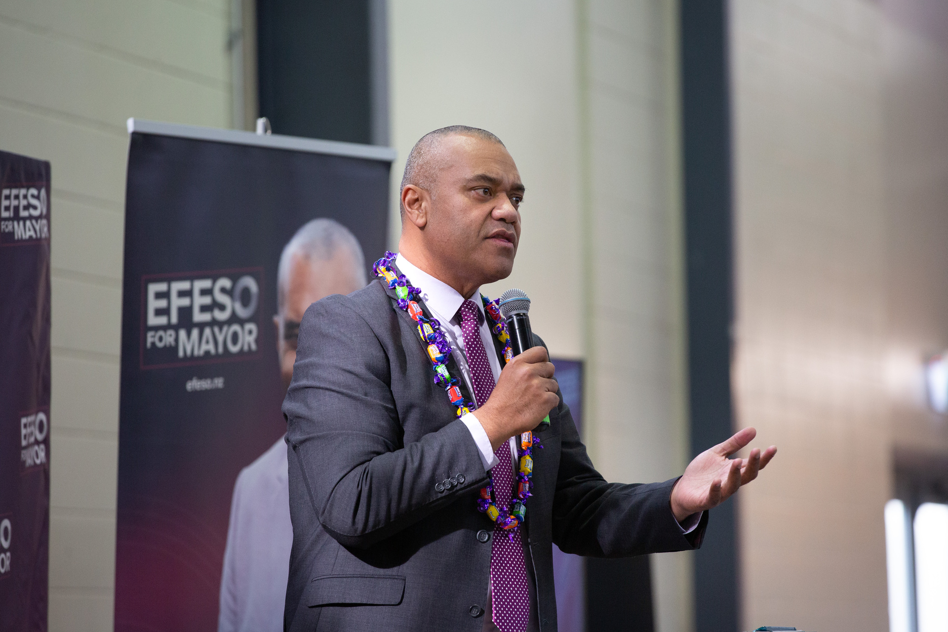 Auckland mayoral candidate Efeso Collins speaks at his campaign launch at Tangaroa College in Otara. Photo / Sylvie Whinray