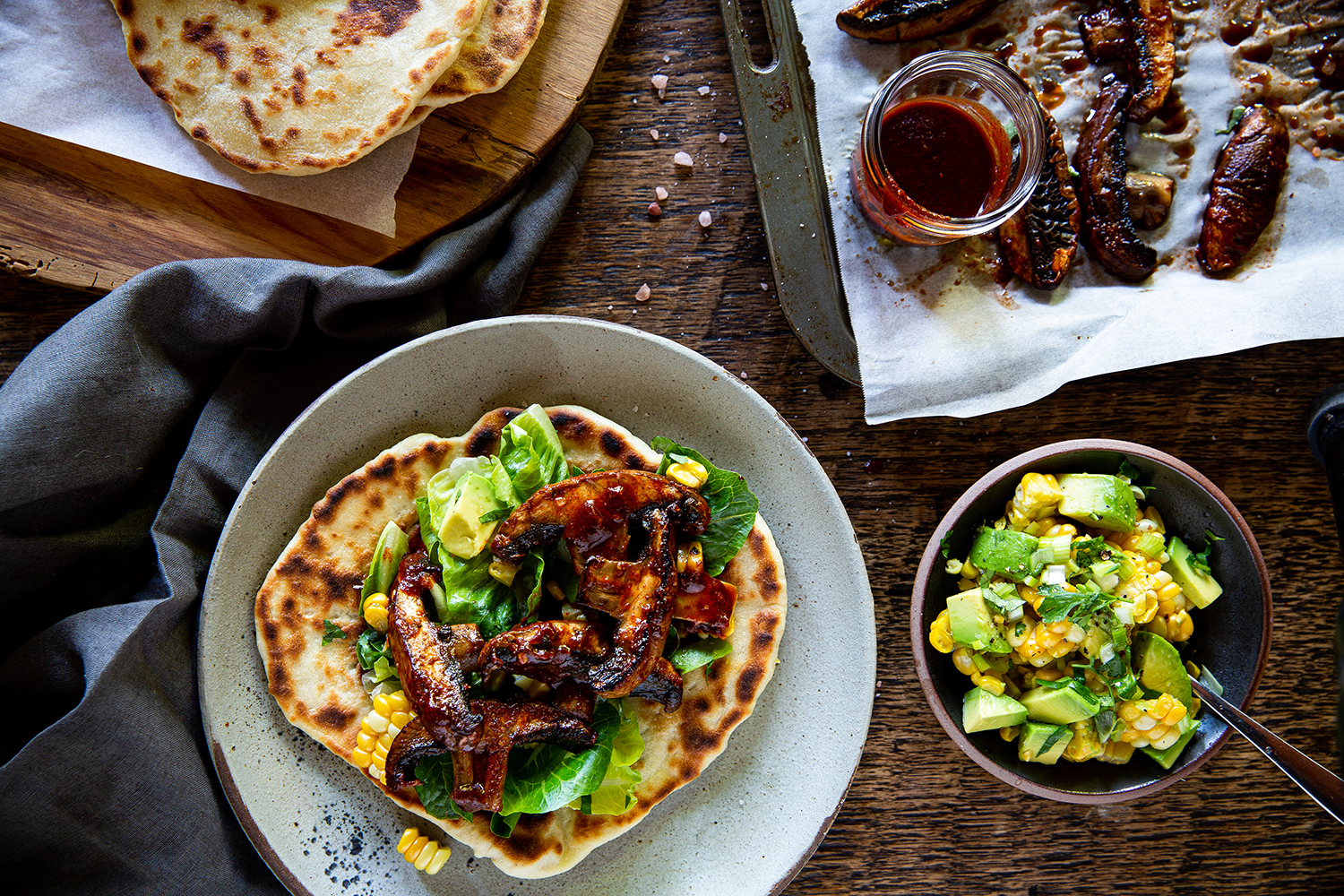 Barbecued mushrooms and flatbread. Photo / Babiche Martens