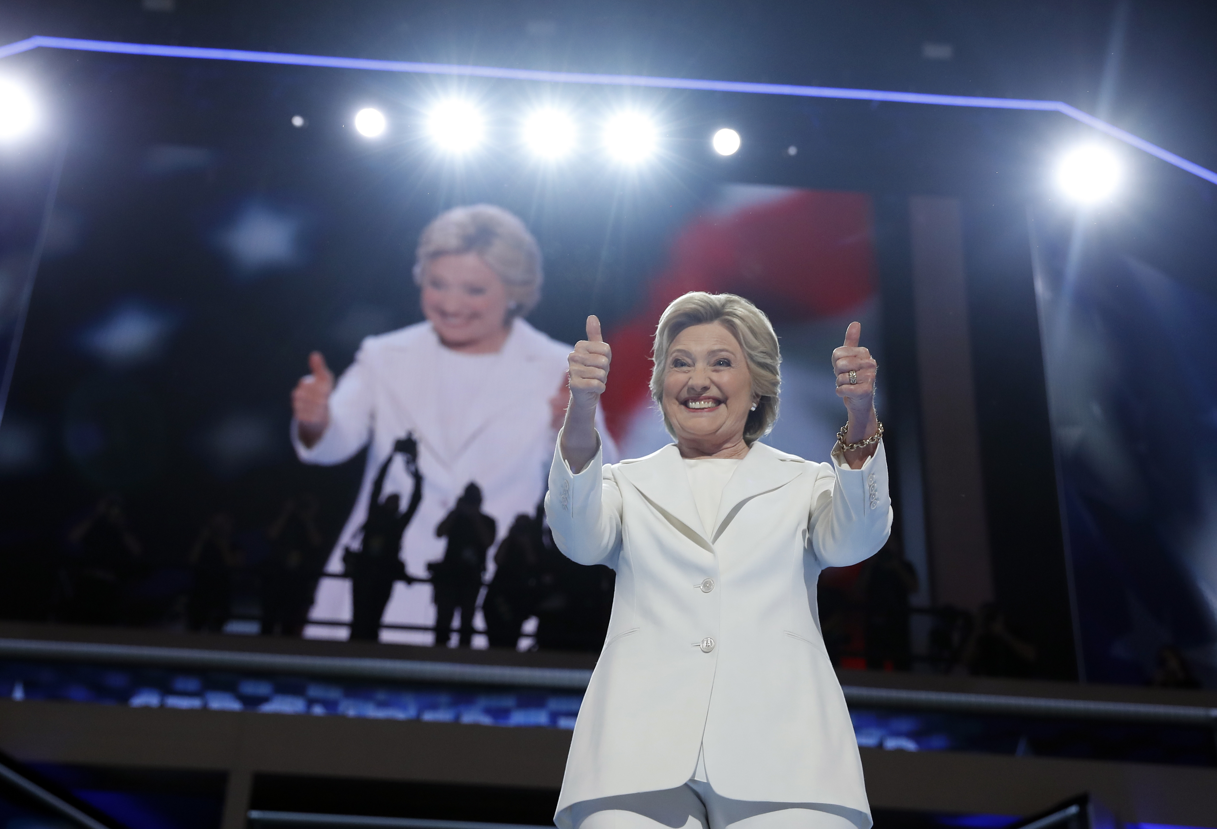 Democratic presidential nominee Hillary Clinton gives her thumbs up as she appears on stage during the final day of the Democratic National Convention. Photo / AP