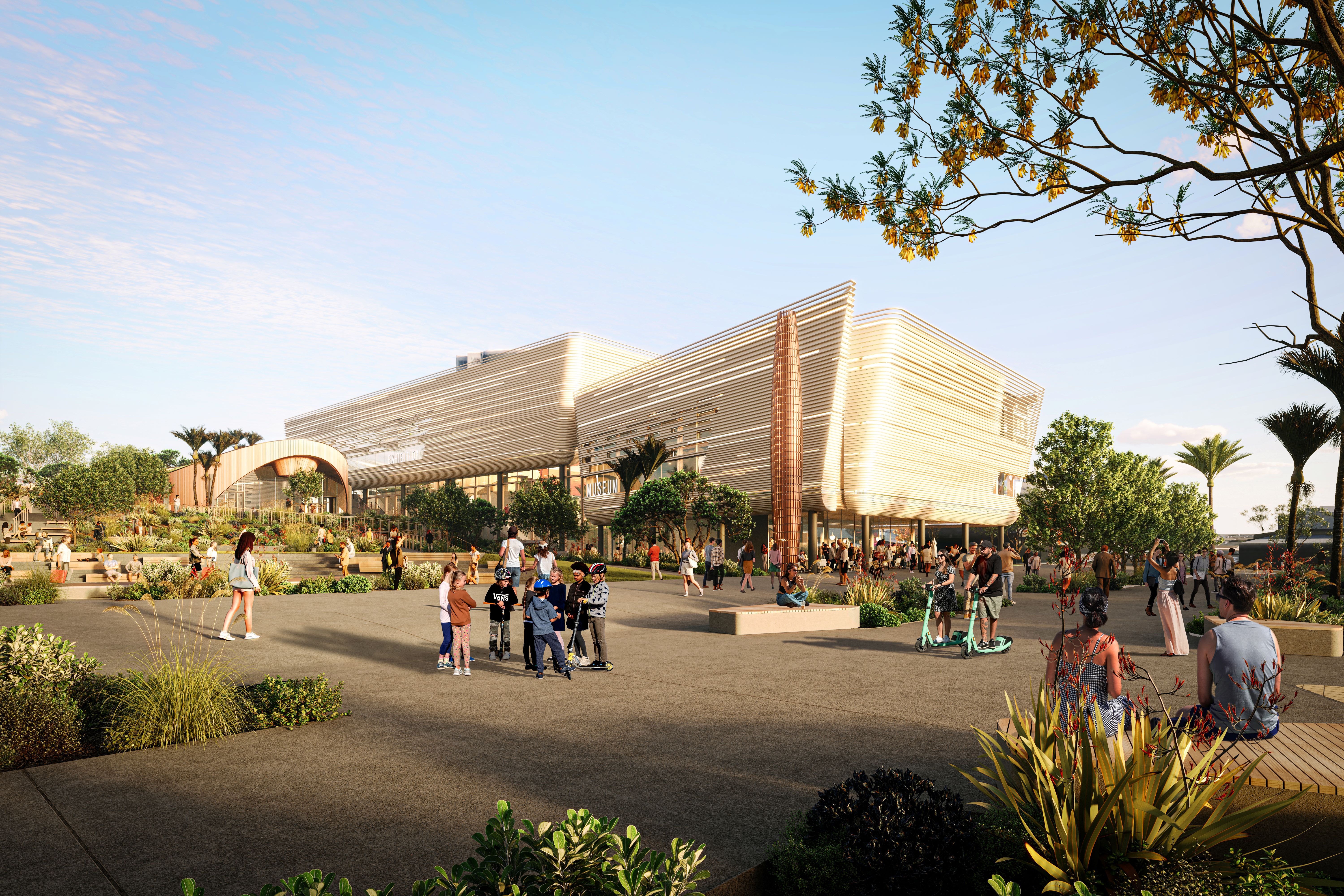 Tauranga's civic precinct Te Manawataki o Te Papa. Artist's impression of the civic whare, museum and exhibition centre. Image / Tauranga City Council