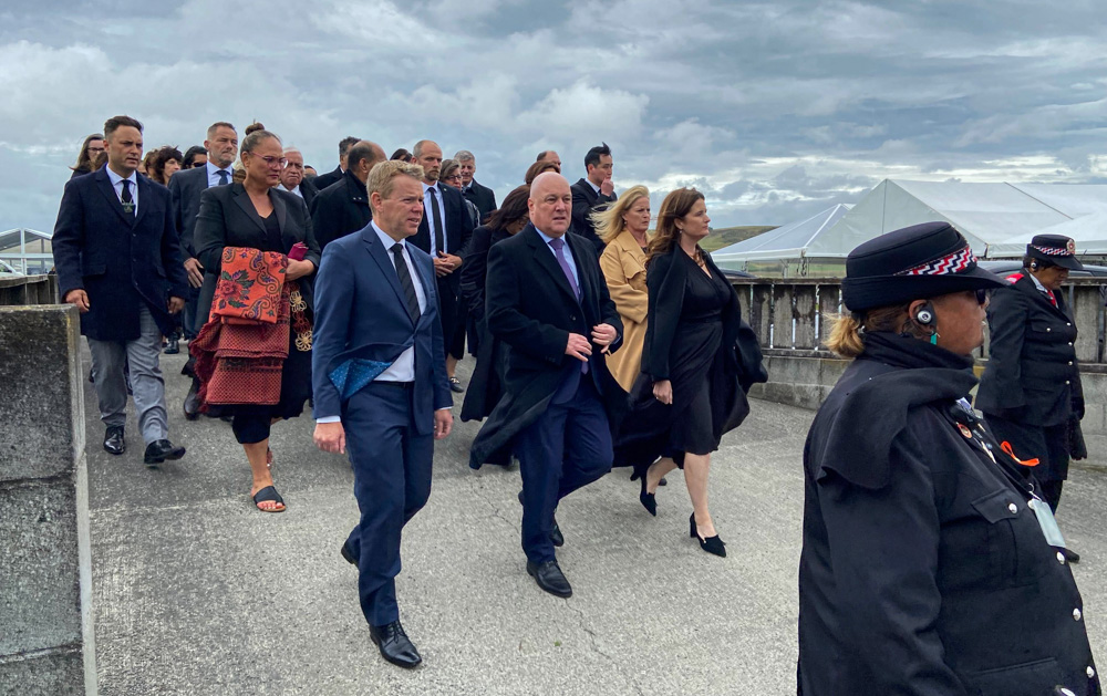Chris Hipkins, Christopher  Luxon and Nicola Willis arrive for a powhiri at Whangaehu Marae during Dame Tariana Turia’s tangi. Photo / Michael Tweed