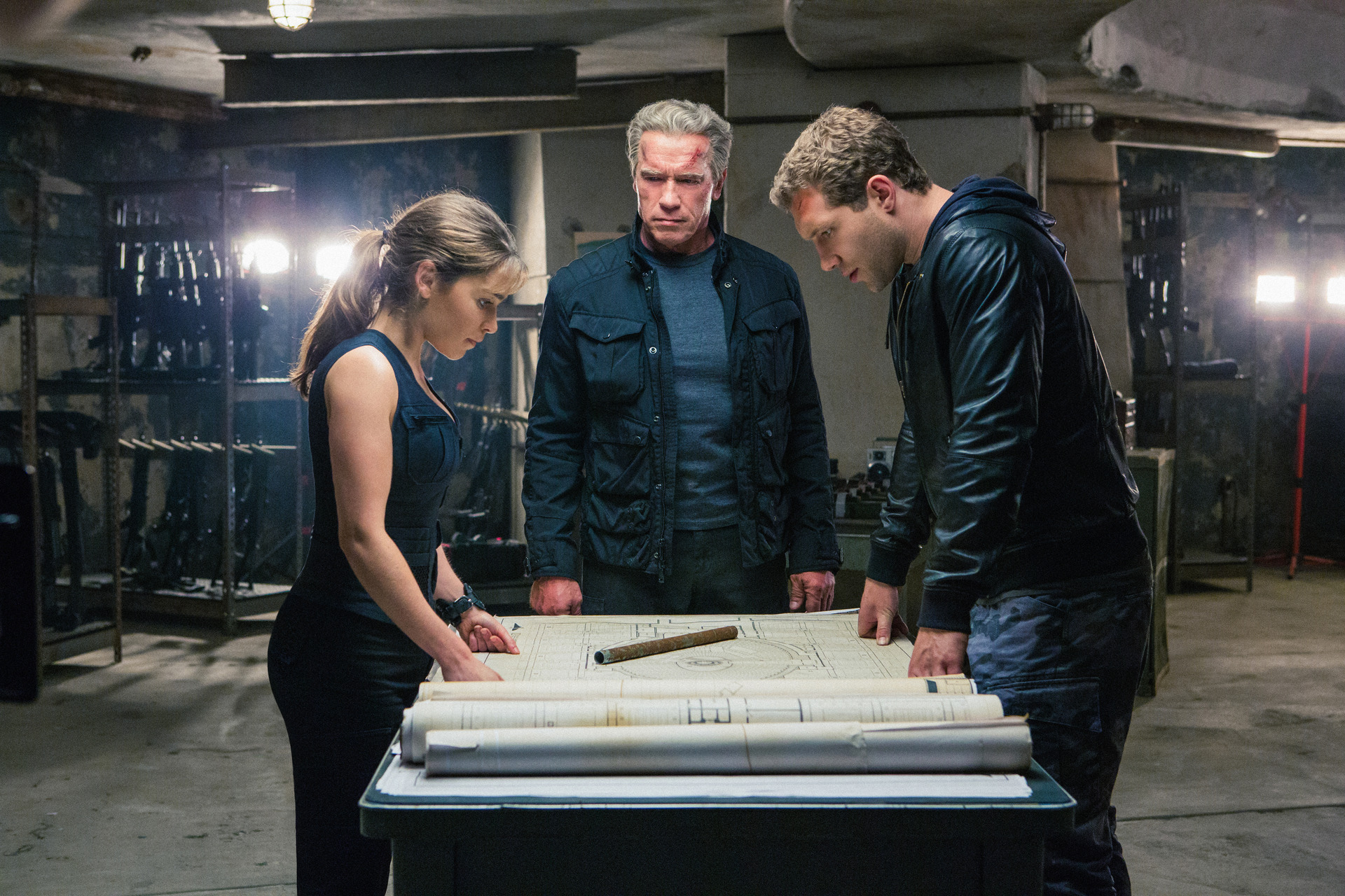 Emilia Clarke plays Sarah Connor, Arnie as the Terminator, and Jai Courtney as Kyle Reese. Photo / Supplied.