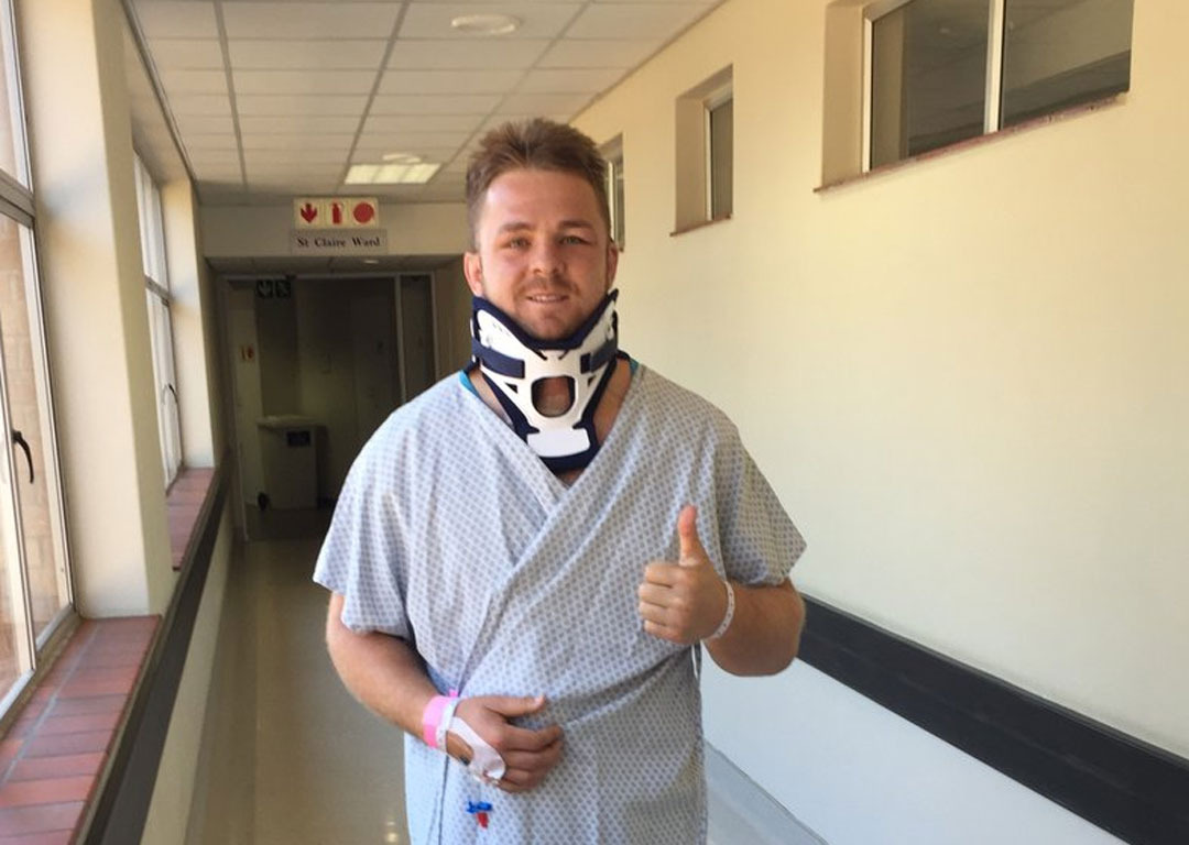 Sam Cane gives the thumbs up following neck surgery. Photo / Twitter @allblacks