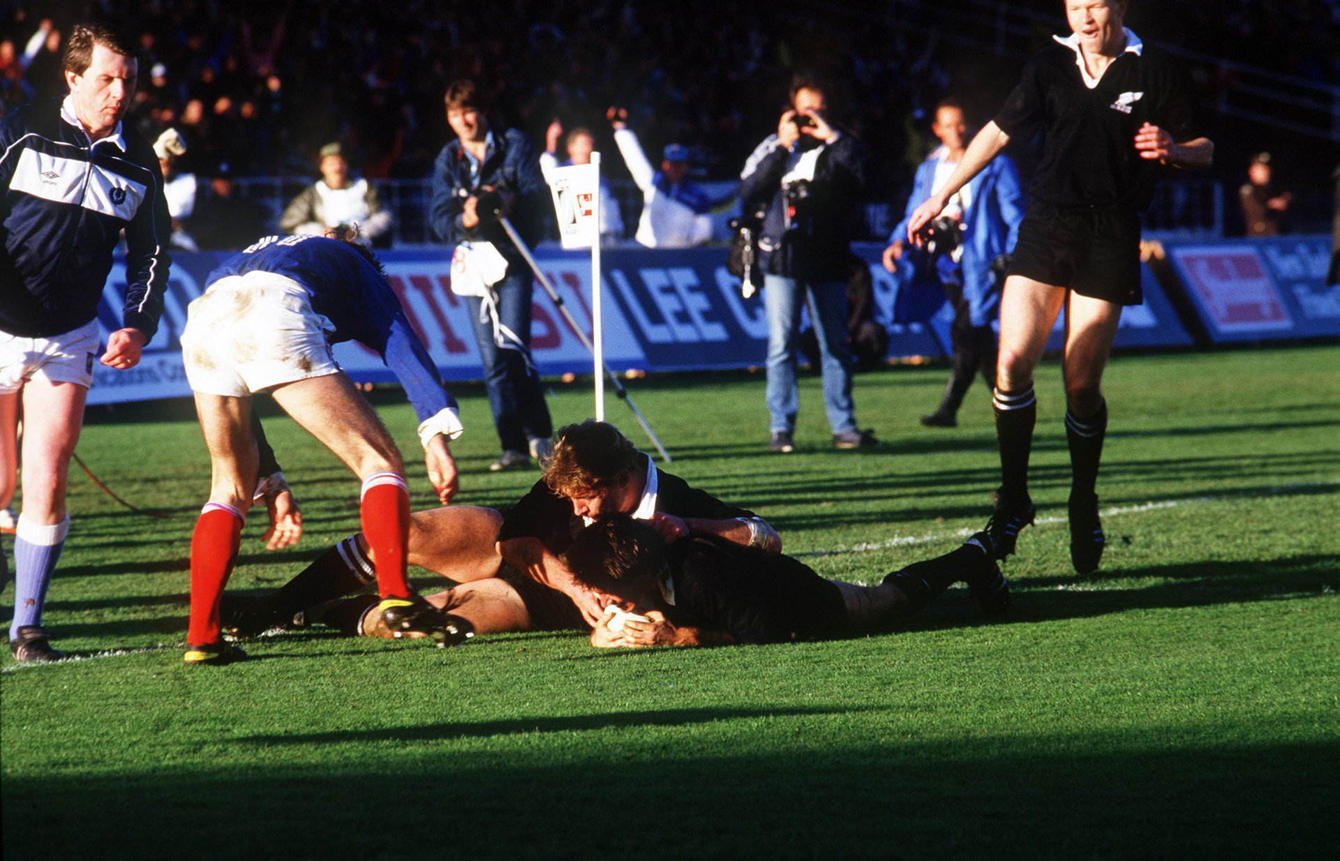 The moment David Kirk scores his try in the 1987 Rugby World Cup final. Photo / Photosport