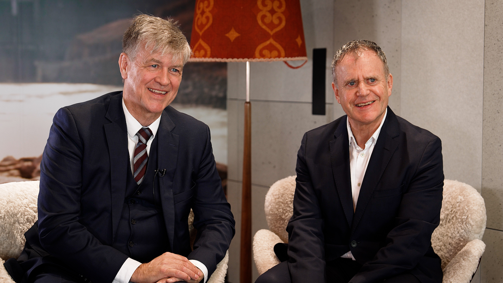 Contact Energy chief executive Mike Fuge (left) and chairman Rob McDonald talking to Markets with Madison about its powerhouse deal. Photo / Cameron Pitney