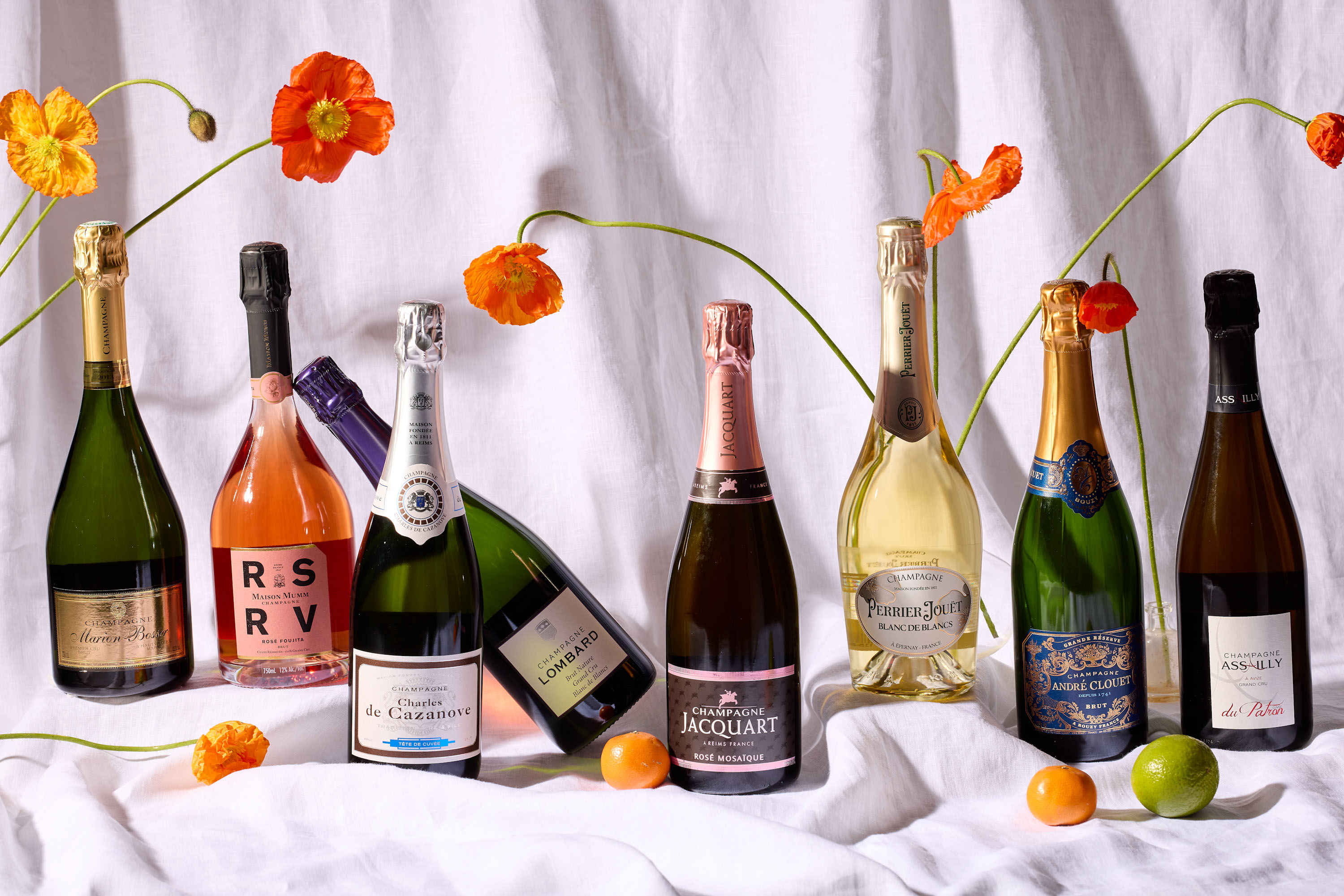 From left: Champagne Marion-Bosser Premier Cru Brut 2013; Champagne Mumm RSRV Brut Rosé Foujita NV; Champagne Charles de Cazanove Tete de Cuvee NV; Champagne Lombard Blanc de Blancs Grand Cru Brut Nature NV; Champagne Jacquart Mosaique Rosé NV; Champagne Perrier-Jouët Blanc de Blancs NV; Champagne Andre Clouet Grande Reserve Brut NV; Champagne Assailly Cuvee du Patron Avize Grand Cru Brut NV. Photo / Babiche Martens