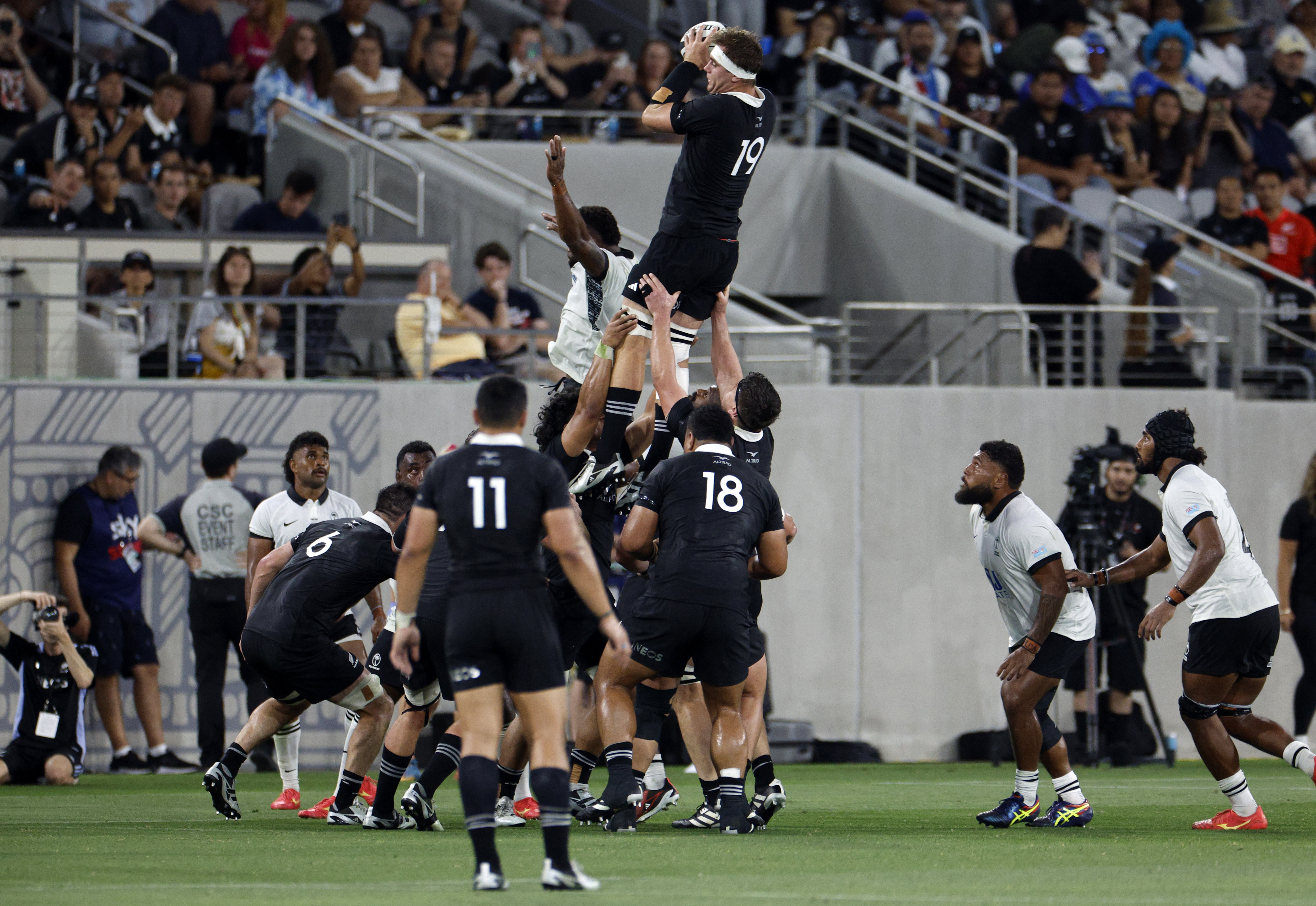 Sam Darry jumps in the All Blacks' lineout against Fiji. Photo / Christchurch Star