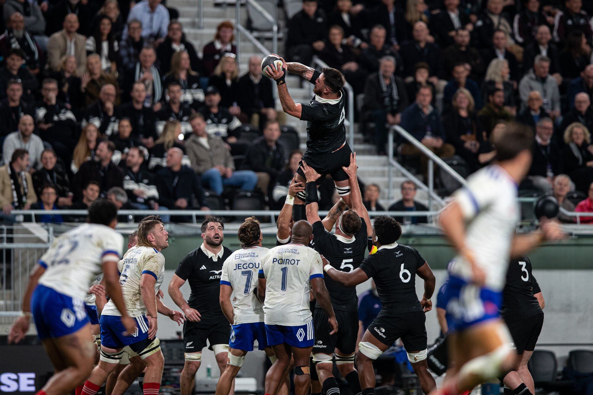 All Blacks lock Josh Lord collects a lineout in the win over France. Photo / Alyse Wright