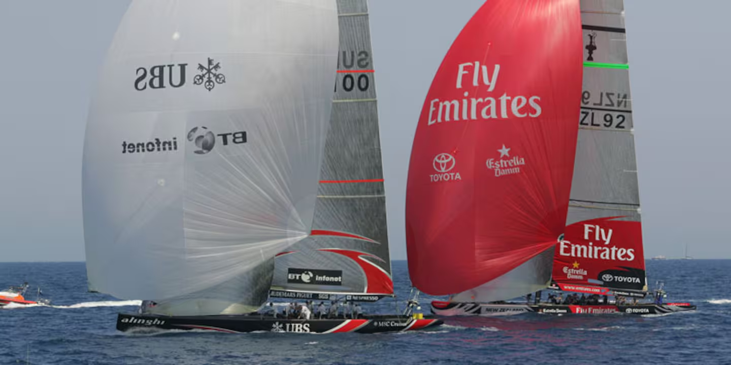 Alinghi and Emirates Team NZ during the 2007 America's Cup. Photo / Mark Mitchell