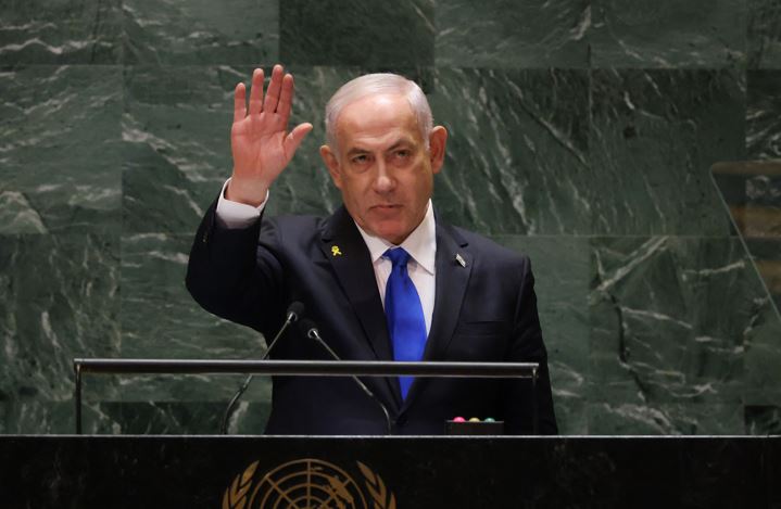 Israeli Prime Minister Benjamin Netanyahu at the 79th Session of the United Nations General Assembly at the United Nations. Photo / AFP
