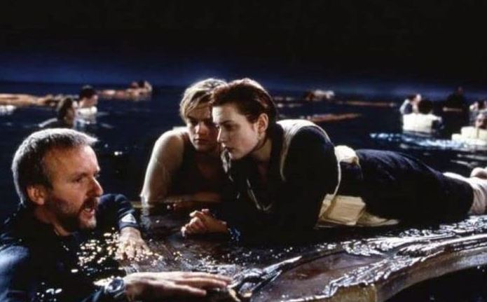 James Cameron, Leonardo DiCaprio and Kate Winslet filming Titanic.
