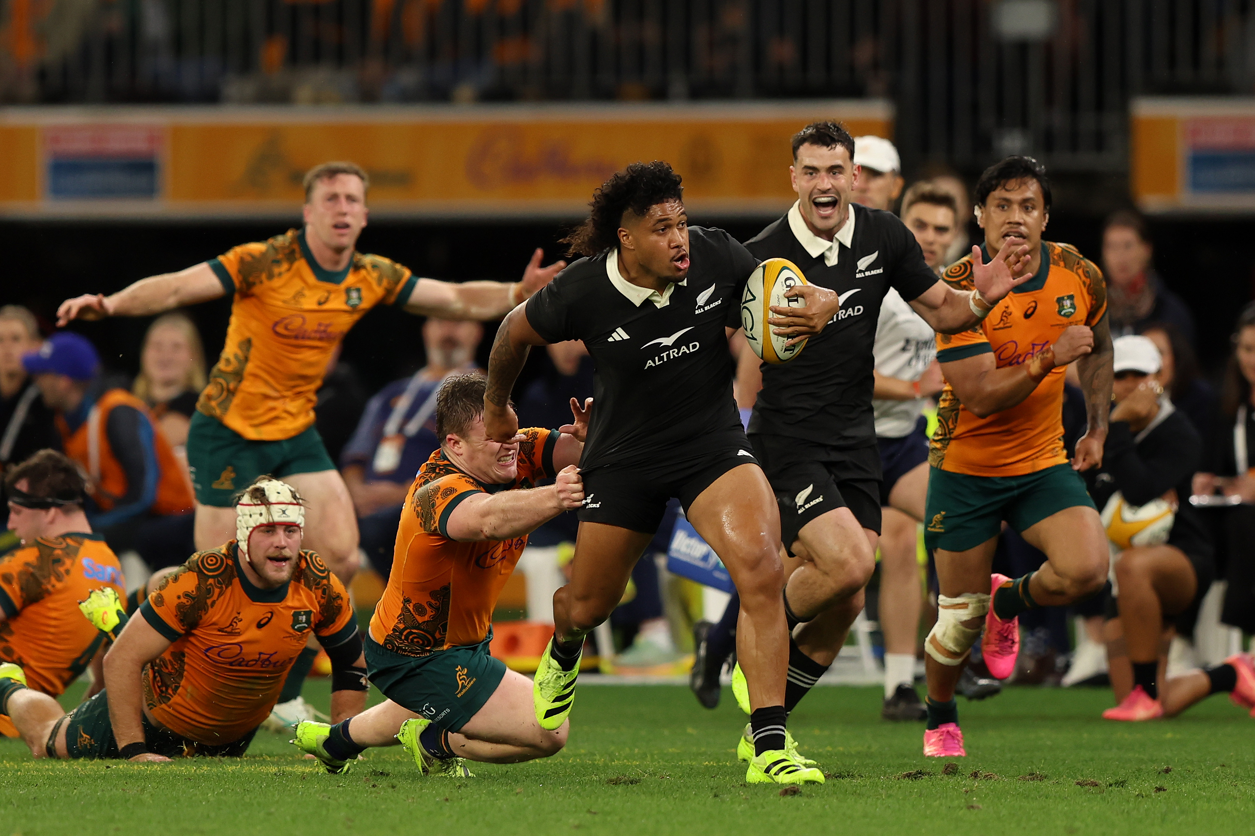 Leicester Fainga'anuku runs the ball in Perth. Photo / Getty Images
