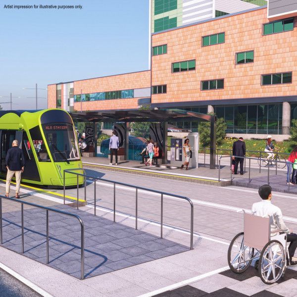 An artist's impression of light rail out side the hospital. Image / LGWM 