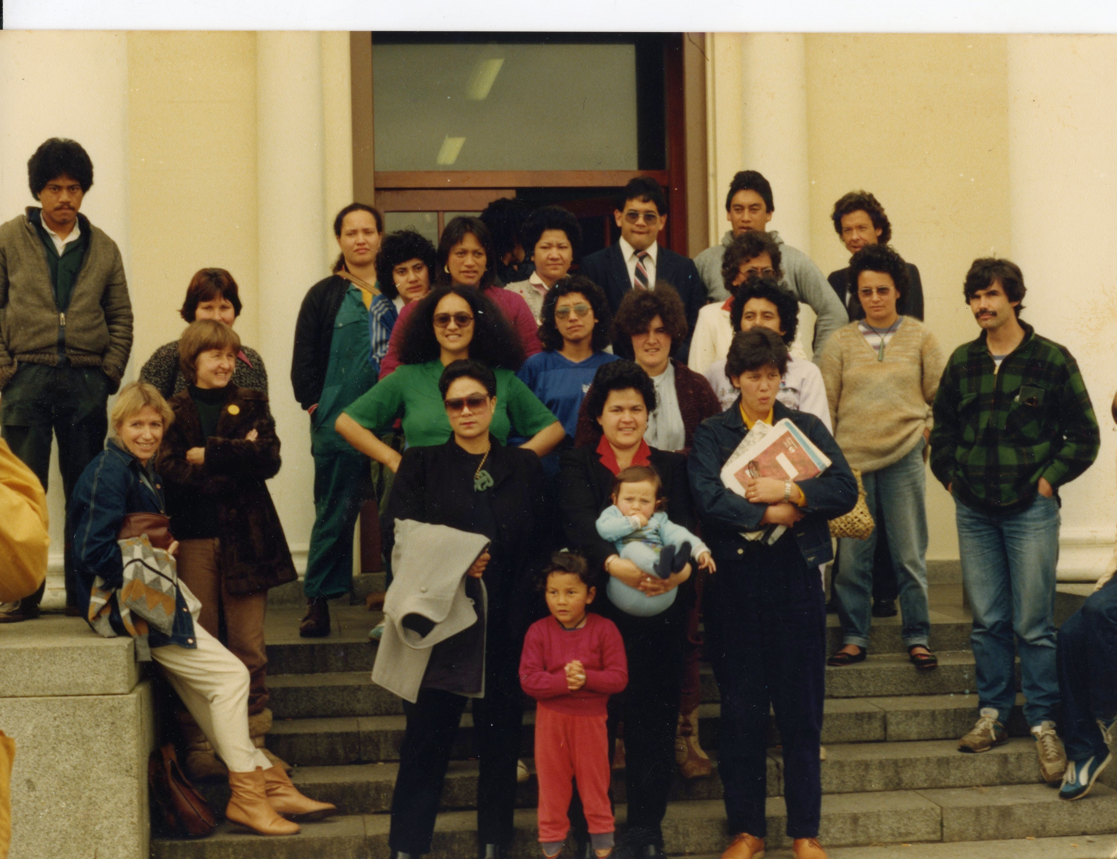 Sandra Coney and the protest gang on the steps of the Hamilton Court House in 1982.