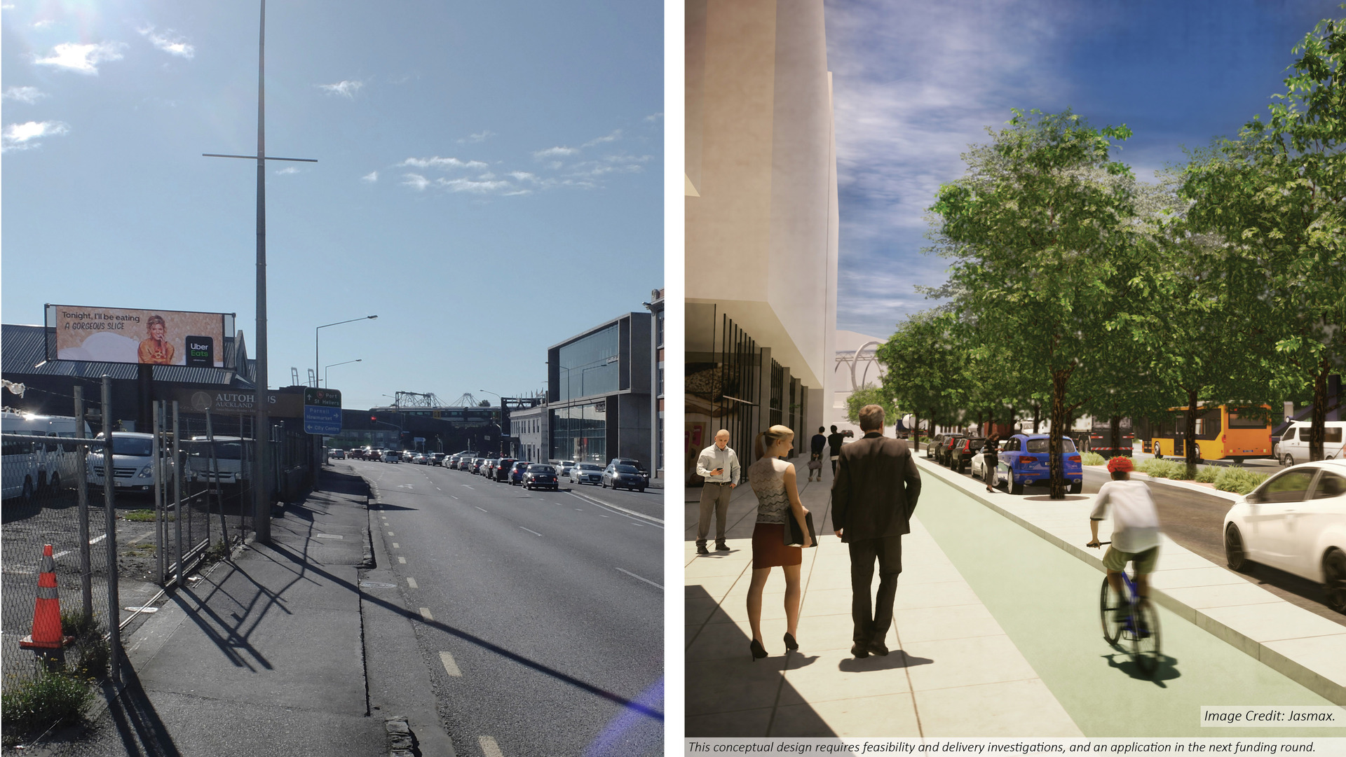 Before and after proposal for Stanley St in the Grafton Gully. Photo / Supplied