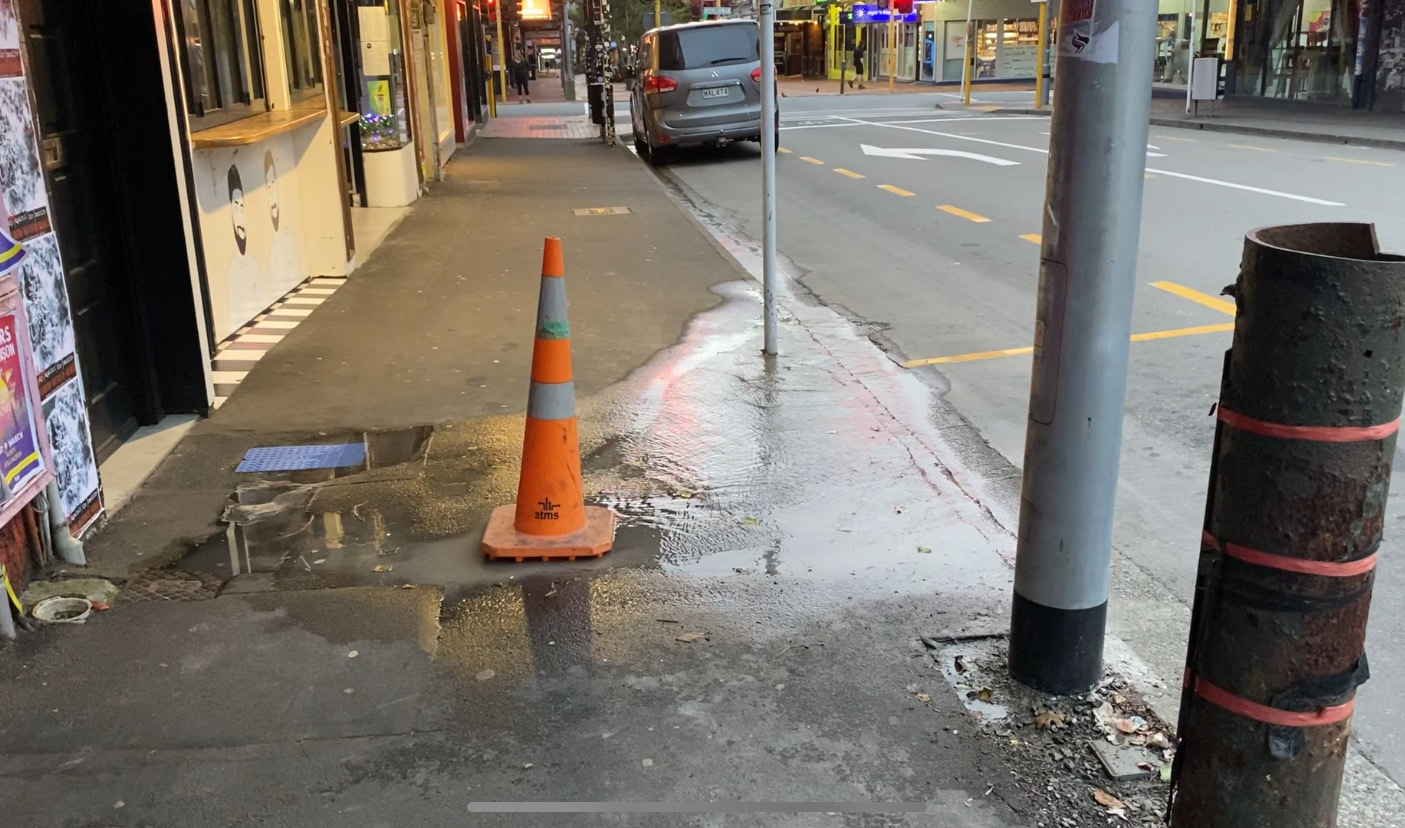 A leak on Wellington's iconic Cuba St became so bad a small sinkhole formed and authorities cordoned it off until it could be fixed. Photo / Ethan Manera