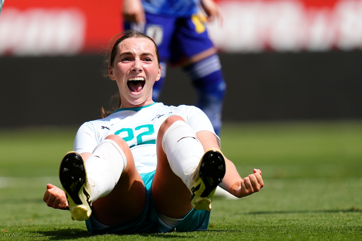 Milly Clegg celebrates after scoring her first goal for the Football Ferns. Photo / Photosport