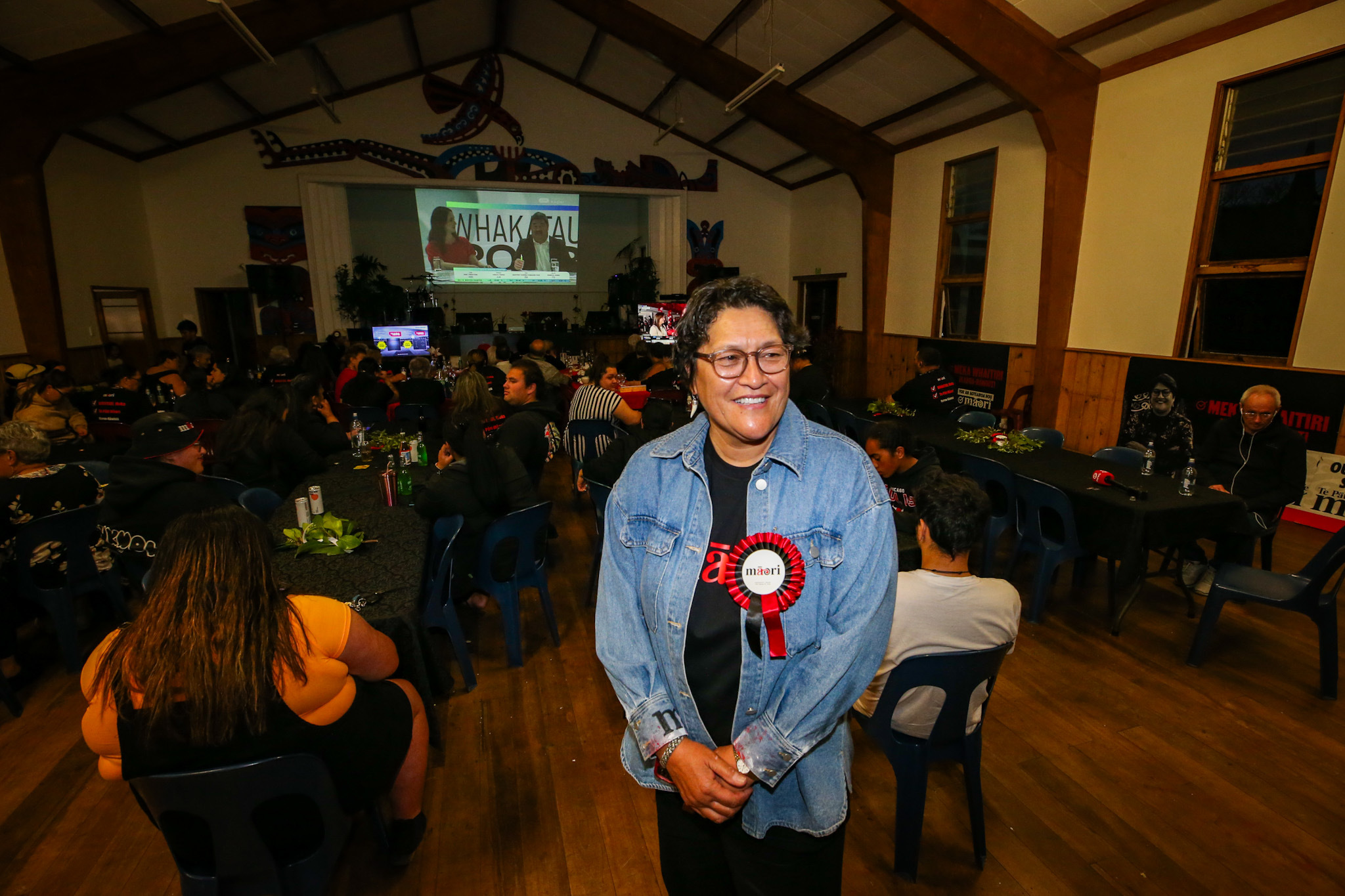 Ikaroa-Rawhiti Te Pati Maori candidate Meka Whaitiri at her election night gathering at Waipatu marae in Hastings. Photo / Paul Taylor