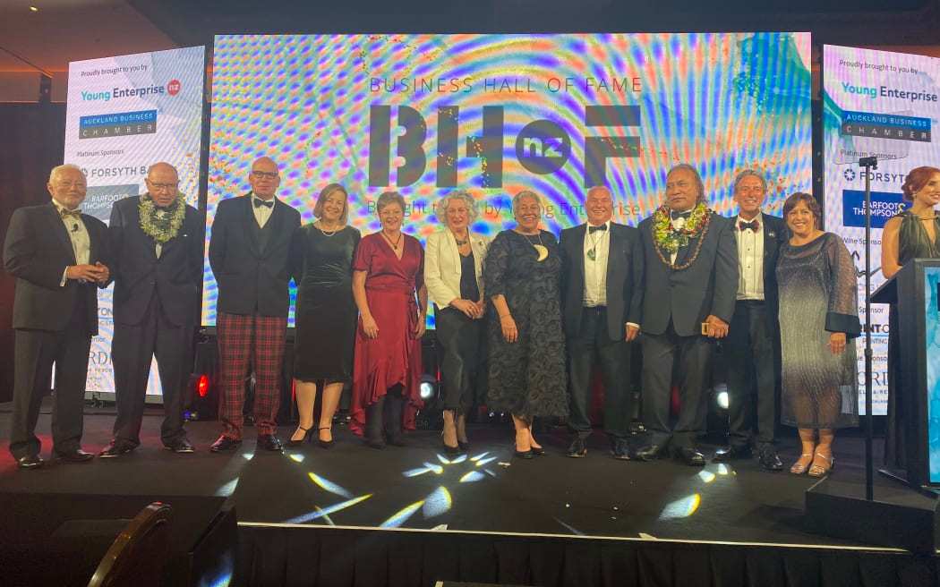 The laureates take the stage at the 2022 Business Hall of Fame. Photo / Lydia Lewis, RNZ