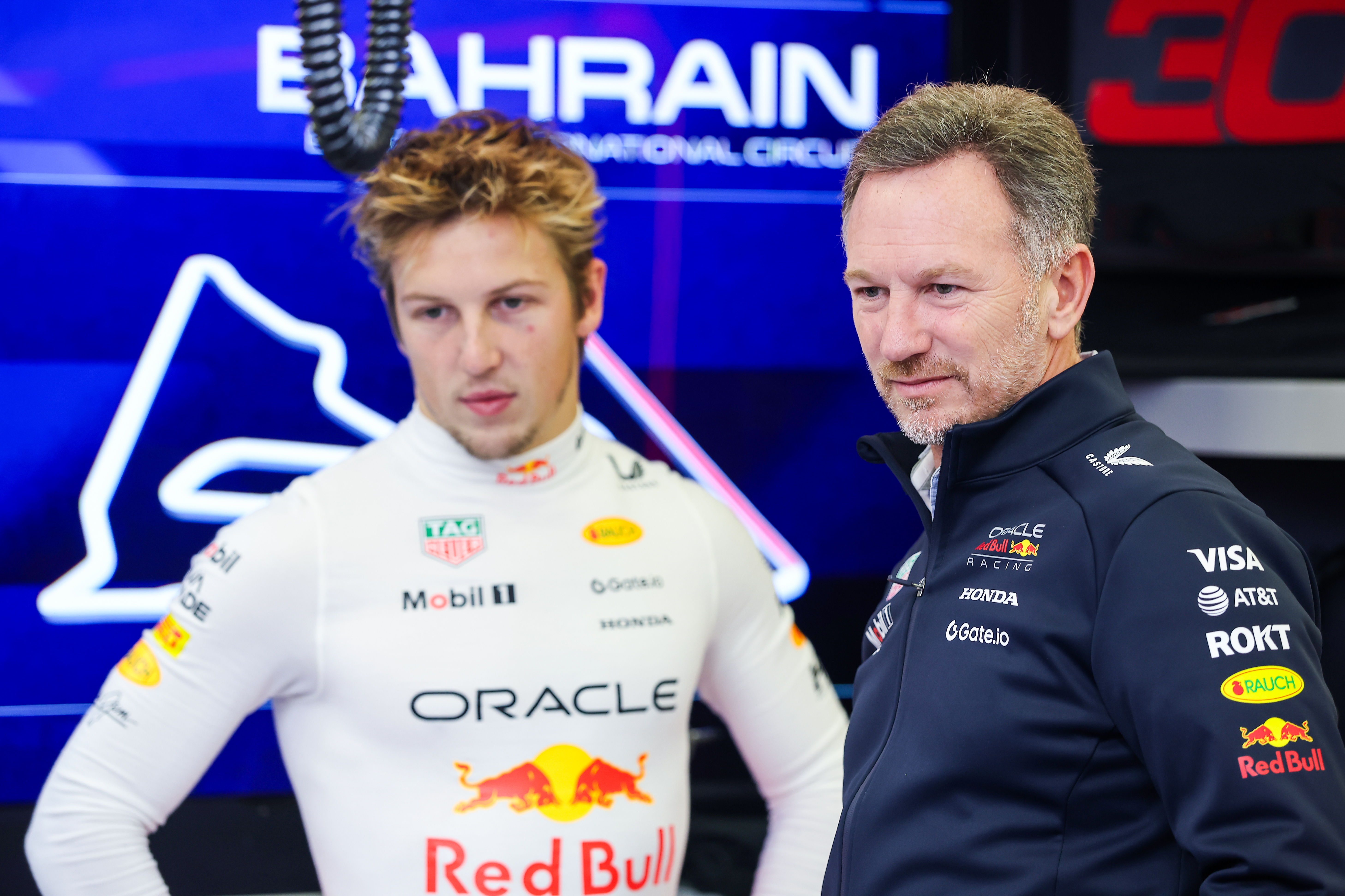 Liam Lawson and Christian Horner. Photo / Getty Images