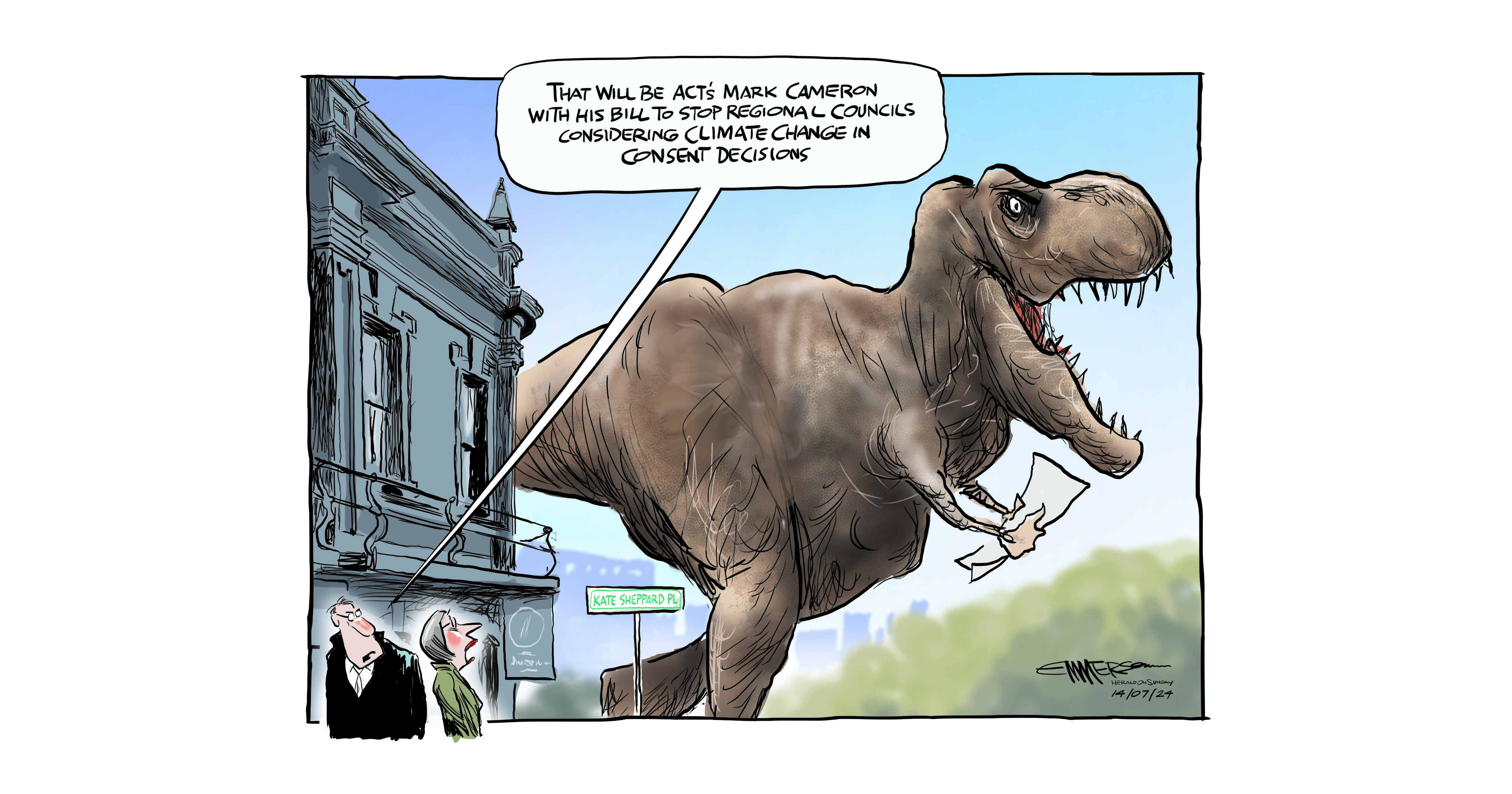 Herald cartoonist Rod Emmerson's take on Act MP Mark Cameron's bill to prevent local councils from considering climate change during the consent process for development. Illustration / Rod Emmerson