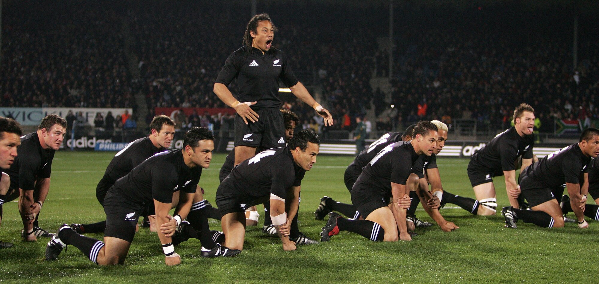 All Blacks captain Tana Umaga leads his team in the haka Kapo o Pango, before the match against the Springboks, in Dunedin. Photo / Photosport