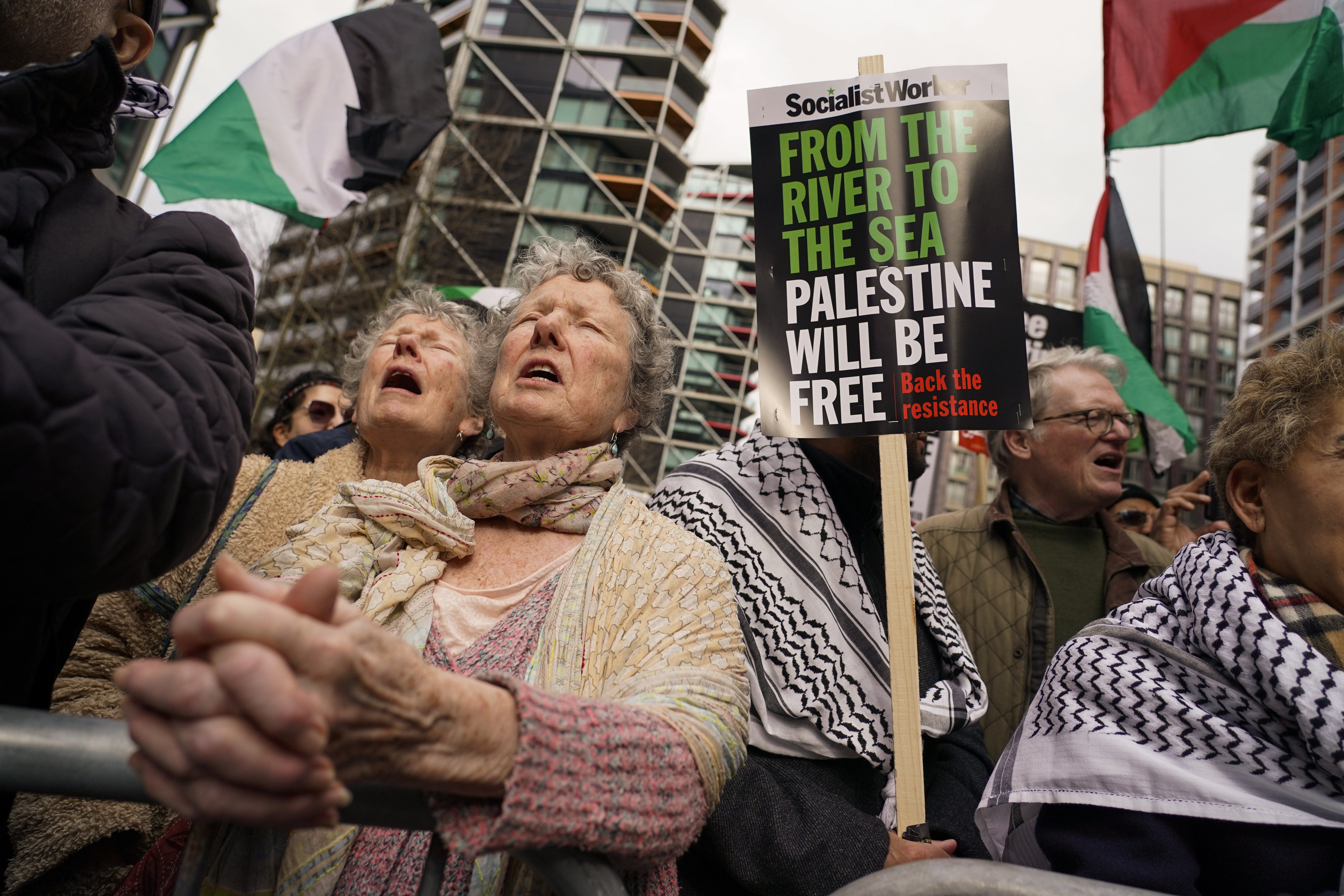 Demonstrators hold flags and placards as they attend a march in support of the Palestinian people in Gaza, in London. Photo / AP